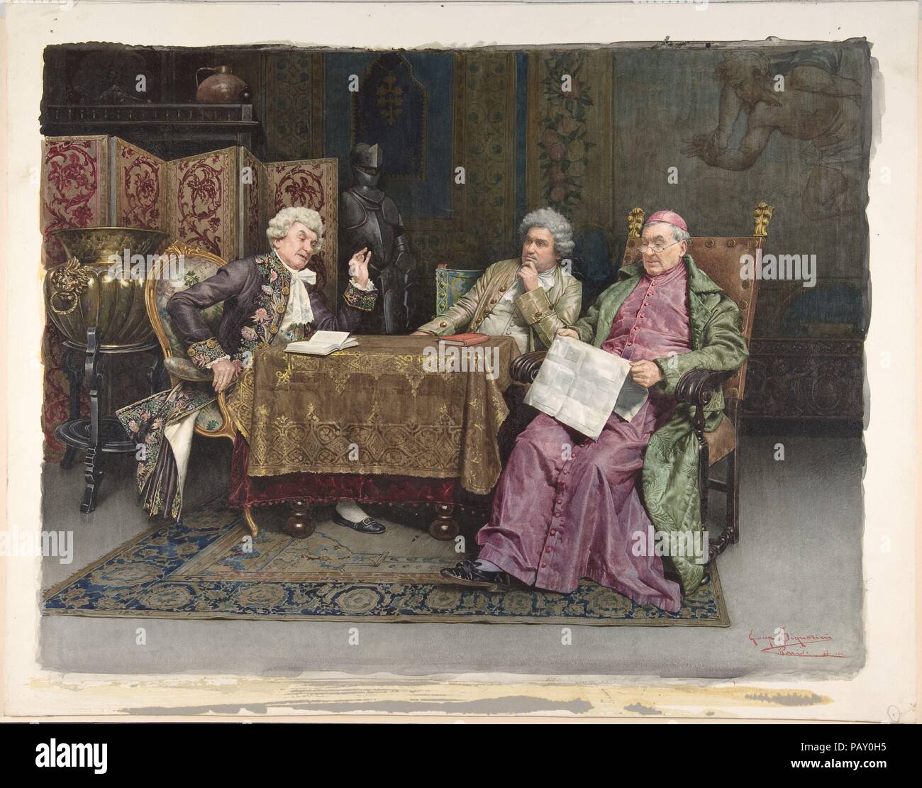 Priester und zwei Männer sitzen an einem Tisch. Künstler: Giuseppe Signorini (Italienisch, Rom 1857-1932 (Paris)). Datum: 1857-1932. Museum: Metropolitan Museum of Art, New York, USA. Stockfoto