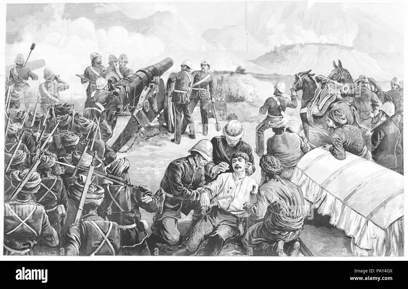 Gravur mit schweren Waffen beschießen Fort Ali Musjid während des afghanischen Krieg. Von der Illustrated London News. Vol.74 (18. Januar 1879), S. 69 Stockfoto