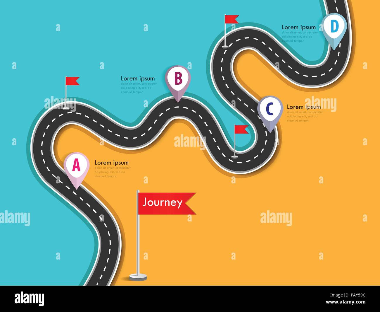 Reise und Reise Route. Business und Reise Infografik Design Template mit Fahnen und Platz für Ihre Daten. Kurvenreiche Straße. Vector EPS 10. Stock Vektor