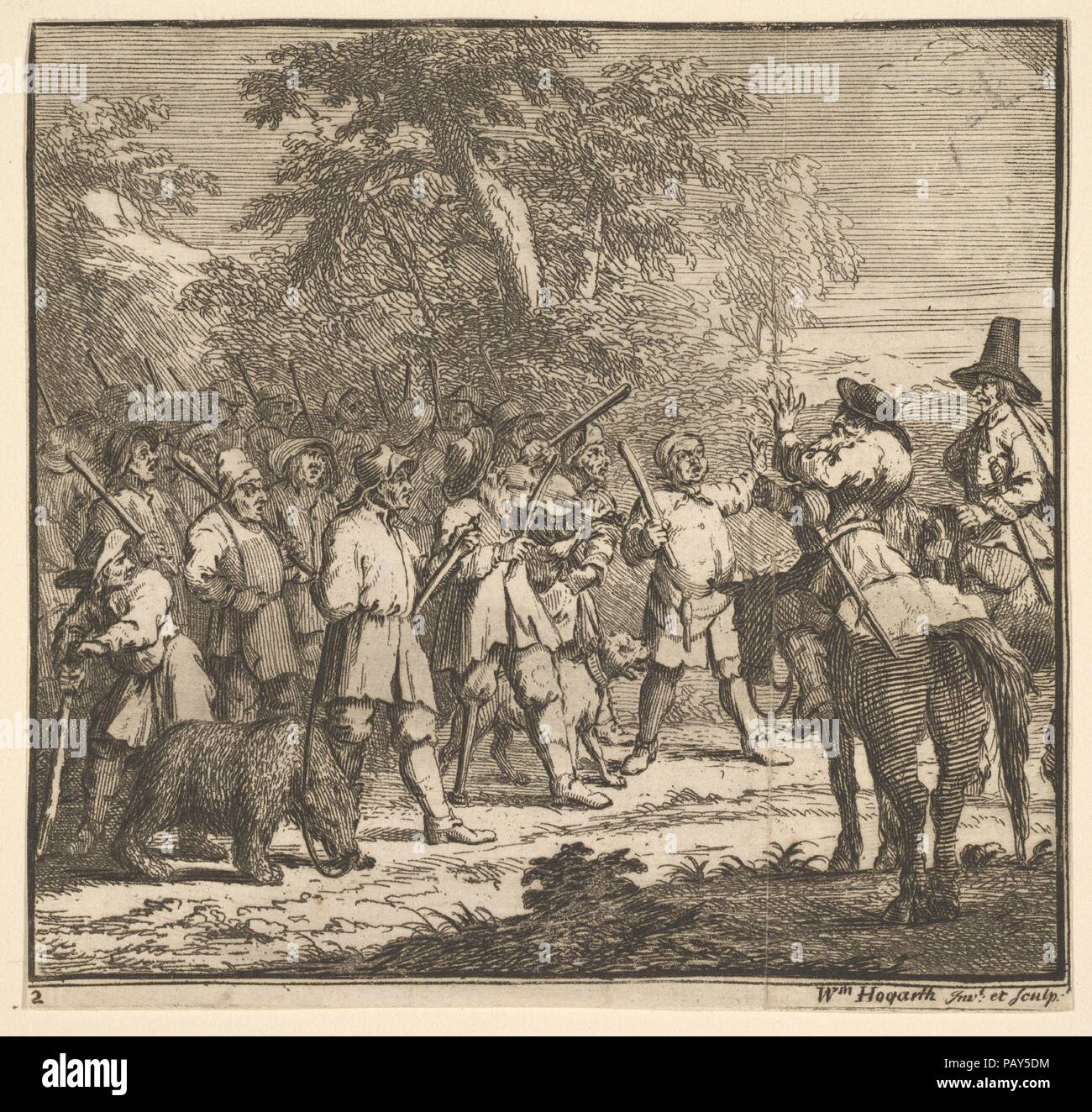 Hudibras erstes Abenteuer (17 kleine Illustrationen für Samuel Butlers Hudibras, nein. 2). Künstler: William Hogarth (Briten, London 1697-1764 London). Thema: Veranschaulicht Samuel Butler (Briten, getauft Strensham, Worcestershire, 1613-1680 Covent Garden). Maße: Blatt: 4 5/8 x 4 7/8 in. (11,8 x 12,4 cm). Datum: 1721-26. Museum: Metropolitan Museum of Art, New York, USA. Stockfoto