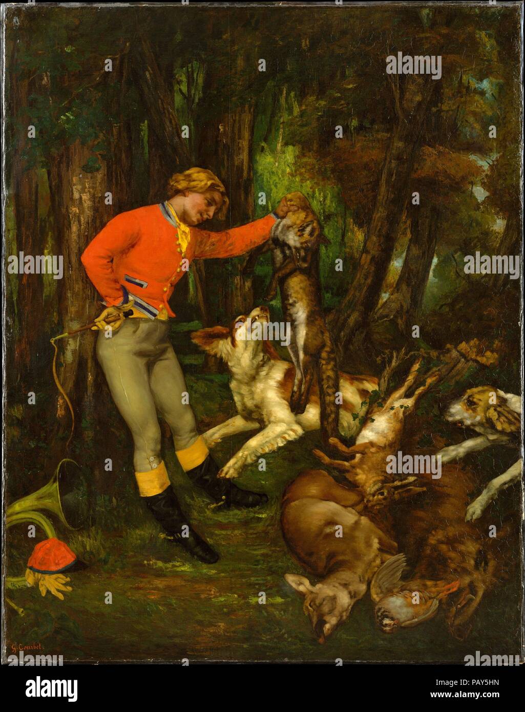Nach der Jagd. Künstler: Gustave Courbet (Französisch, Ornans 1819-1877 La Tour-de-Peilz). Abmessungen: 93 x 73 cm. (236,2 x 186,1 cm). Datum: Ca. 1859. In der Art, den Umfang und die Zusammensetzung, die diese Arbeit ähnelt stark der Courbet erste Jagd Szene, <i>Der Steinbruch</i>, ein großer Erfolg auf dem Salon von 1857 (Museum der schönen Künste, Boston). Die Leinwand wird durch die Zusammenstellung der Toten Spiel ausgezeichnet, darunter ein Wildschwein, Rebhuhn, ein Reh, ein Hase, ein Präsentation Präzedenzfälle erinnern in der flämischen Malerei des 17. Jahrhunderts. Ein begeisterter Sportler, Courbet letztlich gewidmet, etwa 80 Bilder t Stockfoto