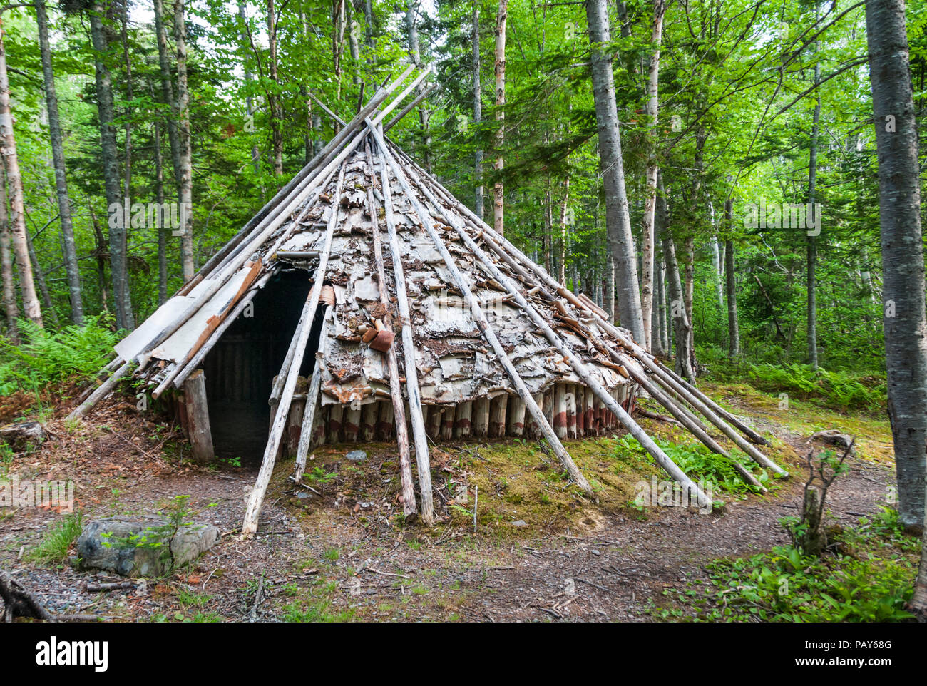 Rekonstruierte Beothuk winter Camp bei Red Indian Lake, Neufundland. Stockfoto