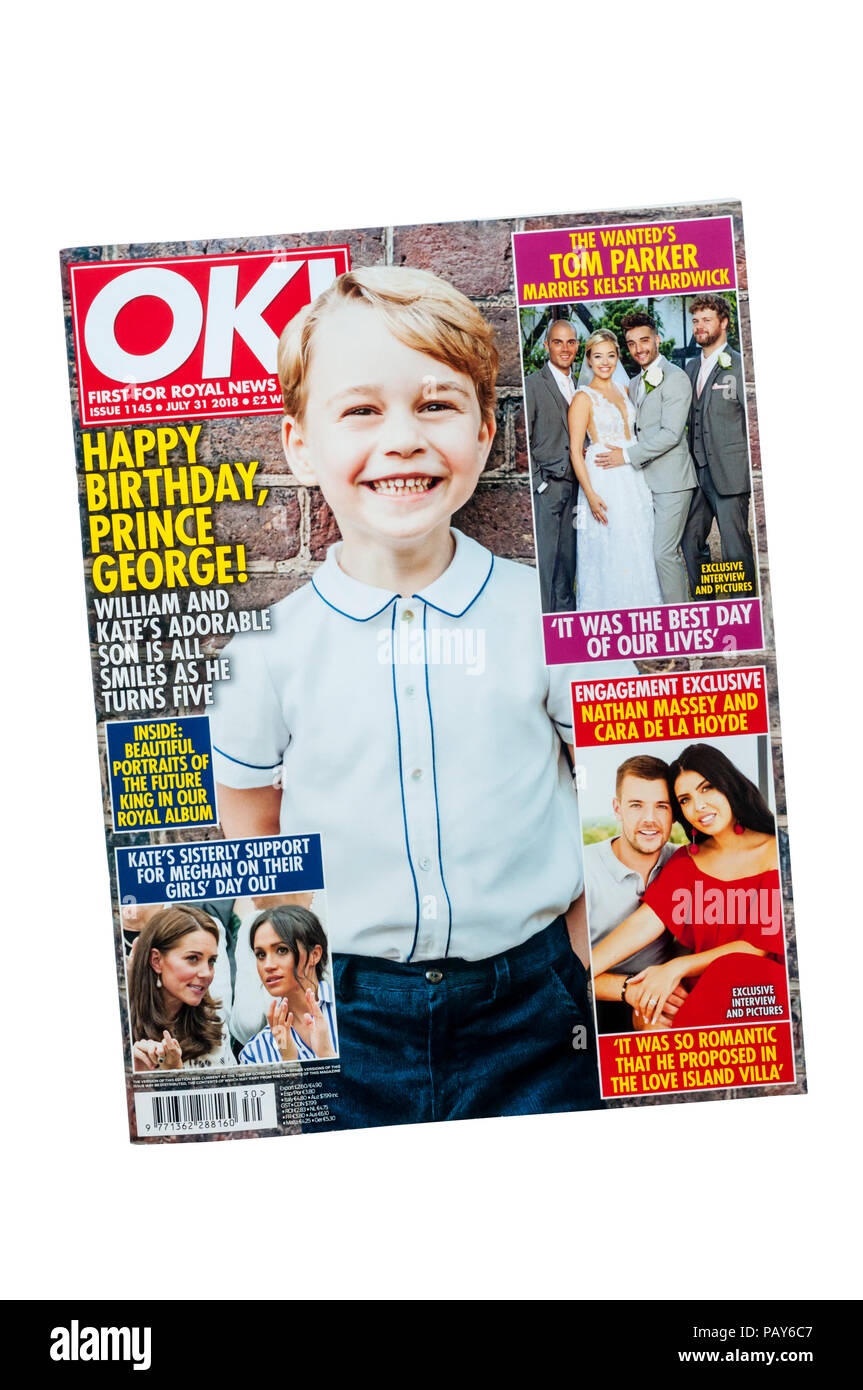 Ein Juli 2018 Kopie von OK! Zeitschrift. in Royal und Celebrity News und Klatsch spezialisiert hat. Stockfoto