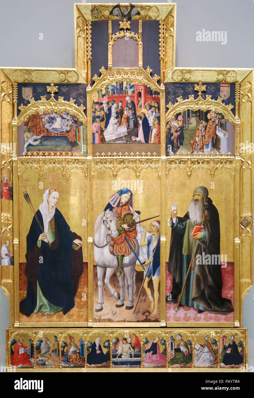 Valencia, Spanien - 15. Juni 2018: die mittelalterlichen Altargemälde Darstellung christlichen Heiligen Ursula, Martin von Tours und Antonius der Große in Valencia, Spanien Stockfoto