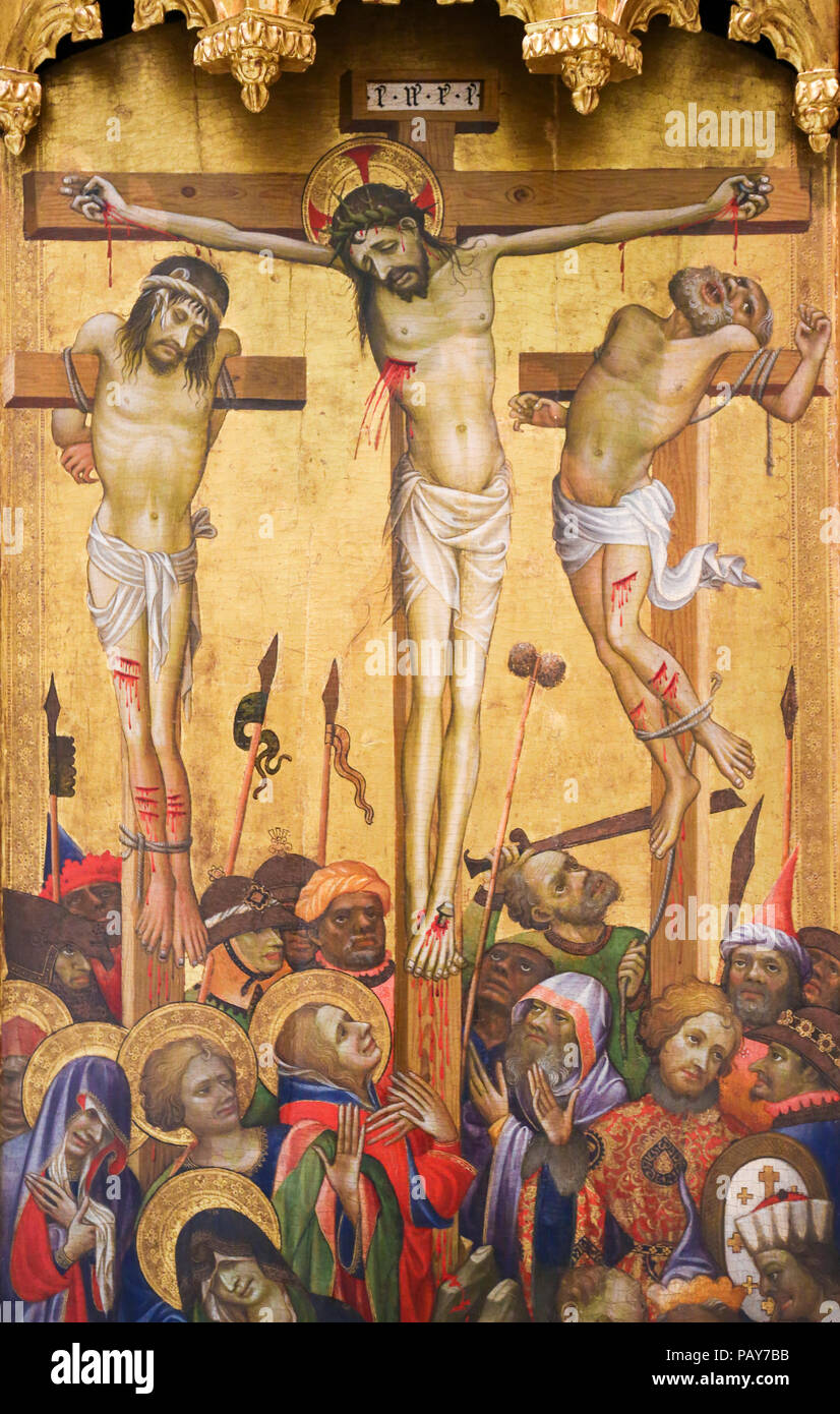 Valencia, Spanien - 15. Juni 2018: die mittelalterlichen Altargemälde in der Kirche von Valencia, Spanien, Darstellung von Jesus am Kreuz am Karfreitag Stockfoto