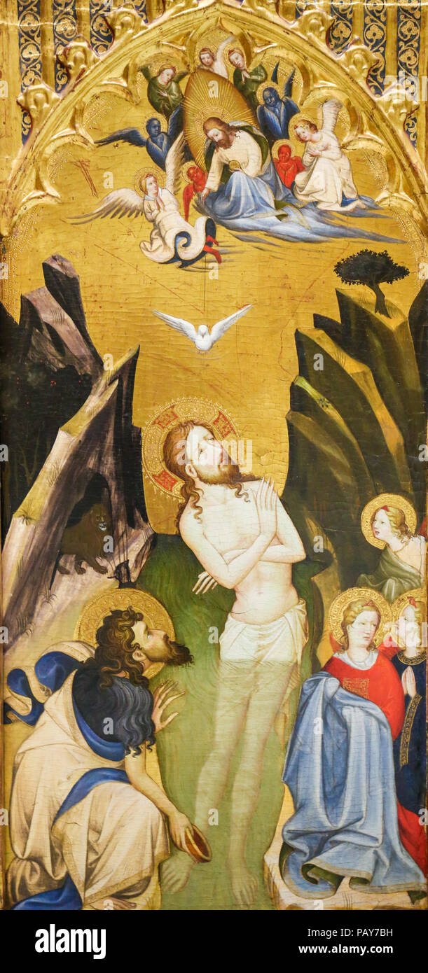 Valencia, Spanien - 15. Juni 2018: die mittelalterlichen Altargemälde in Valencia, Spanien, mit der Darstellung der Taufe Jesu im Jordan durch Johannes den Täufer Stockfoto
