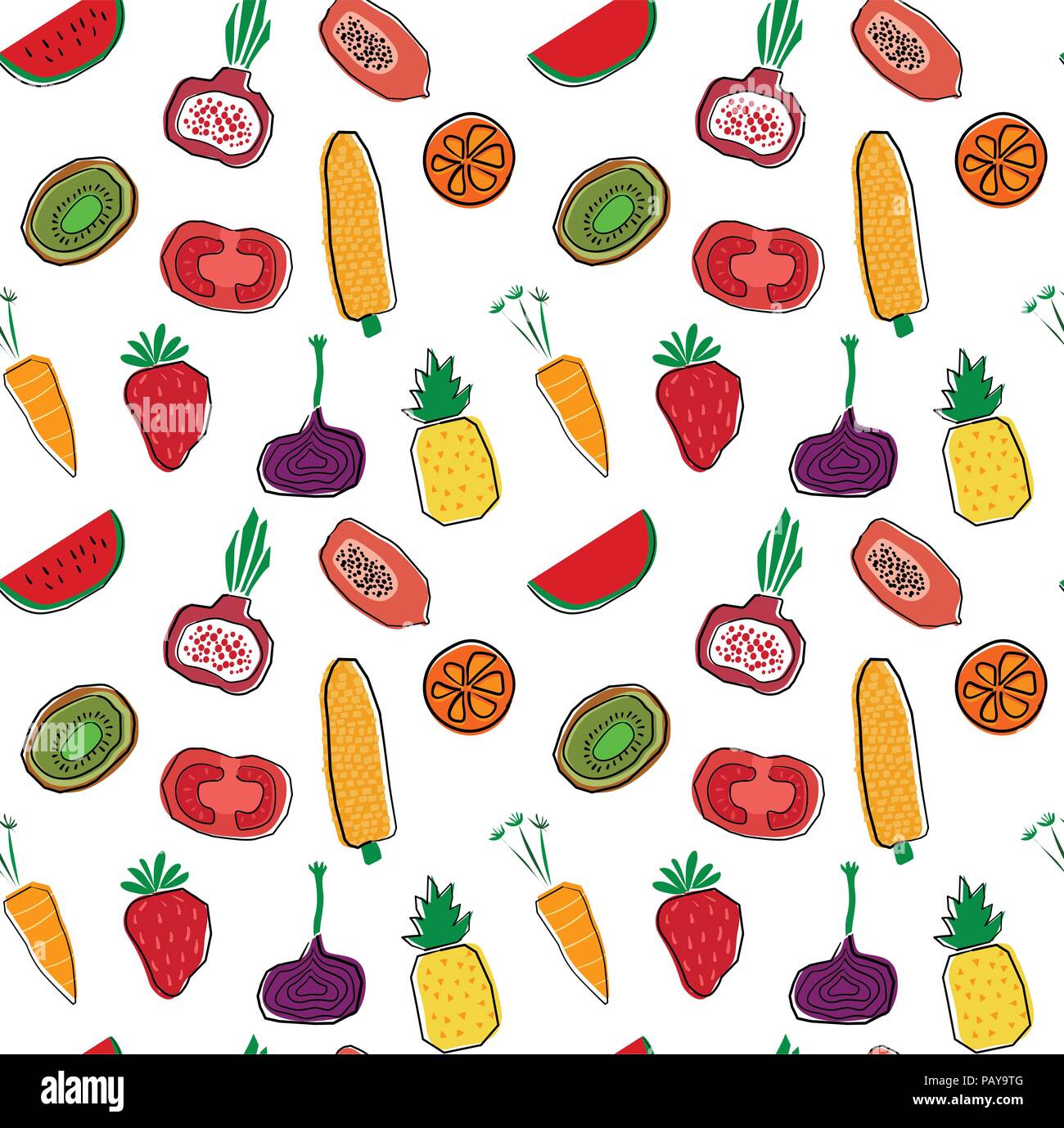Hand gezeichneten bunten Früchten und veggetables Muster nahtlose Hintergrund Stock Vektor