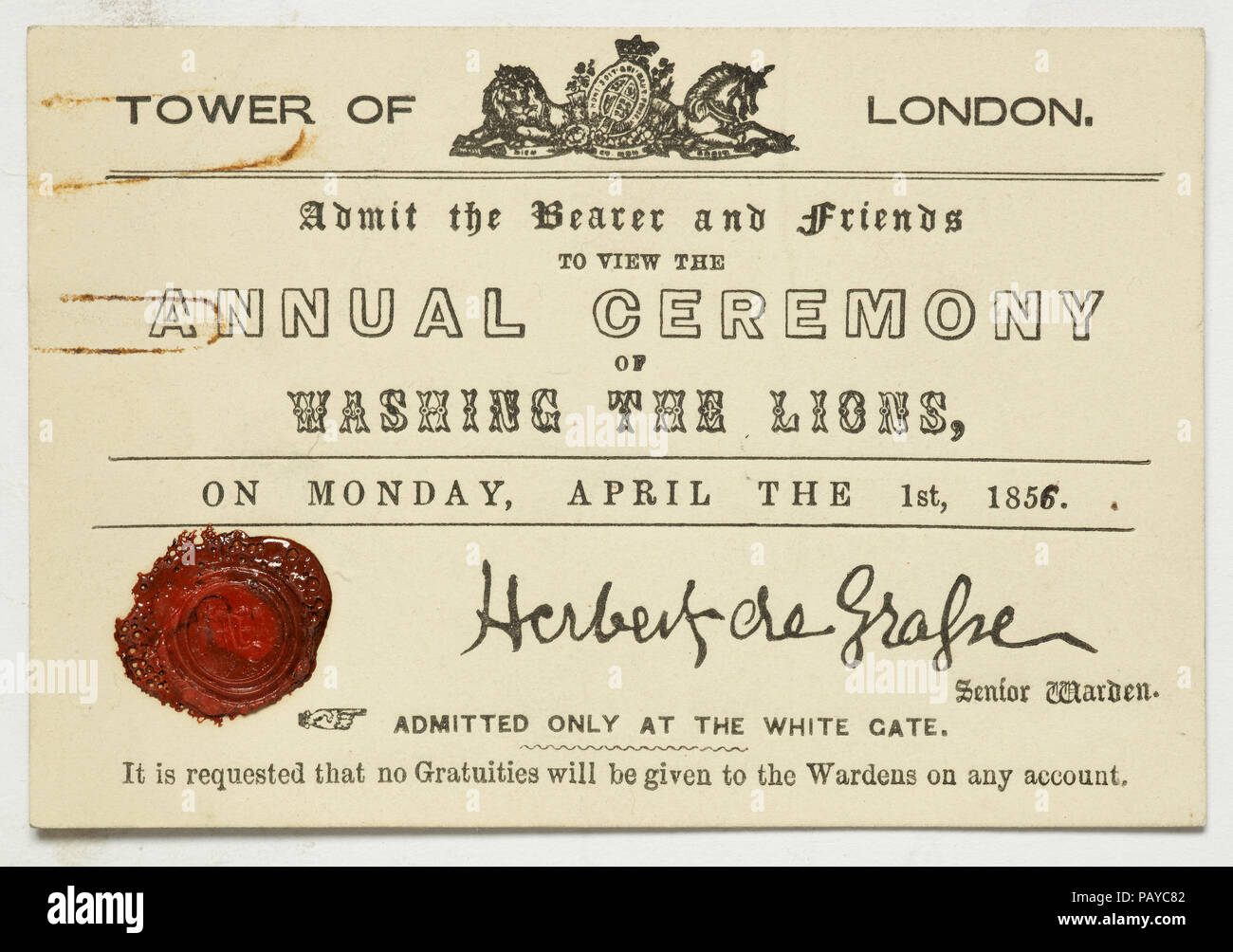 Ticket für die jährliche Zeremonie Waschen der Löwen, vom April 1st, 1856, von Herbert de Grassen, Senior Warden unterzeichnet Stockfoto