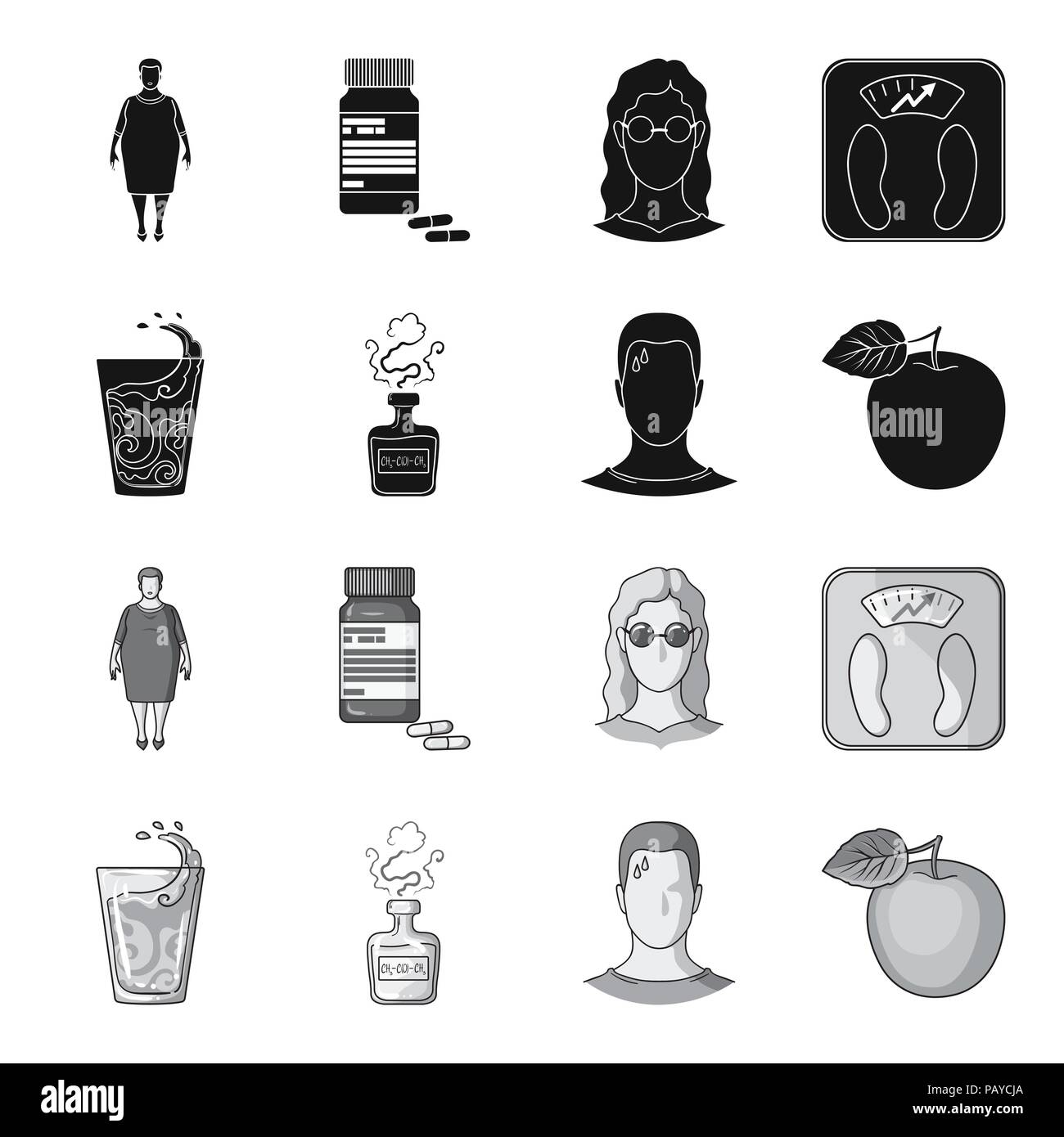 Ein Glas Wasser, eine Flasche Alkohol, ein Schwitzen Mann, ein Apple. Diabeth set Sammlung Icons in Schwarz, Schwarz-Weiß Stil vektor Symbol lieferbar illustrati Stock Vektor