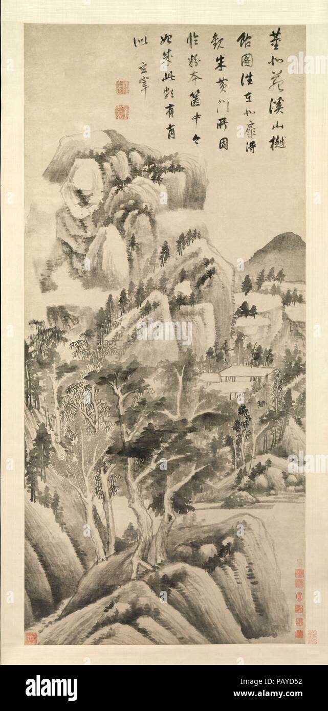 Schattige Wohnungen unter Flüsse und Bäche sowie Berge. Artist: Dong Qichang (Chinesisch, 1555-1636). Kultur: China. Abmessungen: Bild: 62 3/8 x 28 3/8 in. (158.4 x 72.1 cm) Insgesamt mit Montage: 99 x 33 cm. (251,5 x 84,1 cm) Insgesamt mit den Knöpfen: 99 x 37 in. (251,5 x 94 cm). Datum: Ca. 1622-25. Dong Qichang, die Linie Landschaftsmaler und Theoretiker der frühen siebzehnten Jahrhunderts, verfolgt künstlerische Reform. Reaktion gegen das, was er als die dekadente, perverse Tendenzen zeitgenössischer Landschaftsmalerei, Dong, in der Literaten Tradition wahrgenommen, suchten eine kreative Rekonstruktion der Vergangenheit t Stockfoto