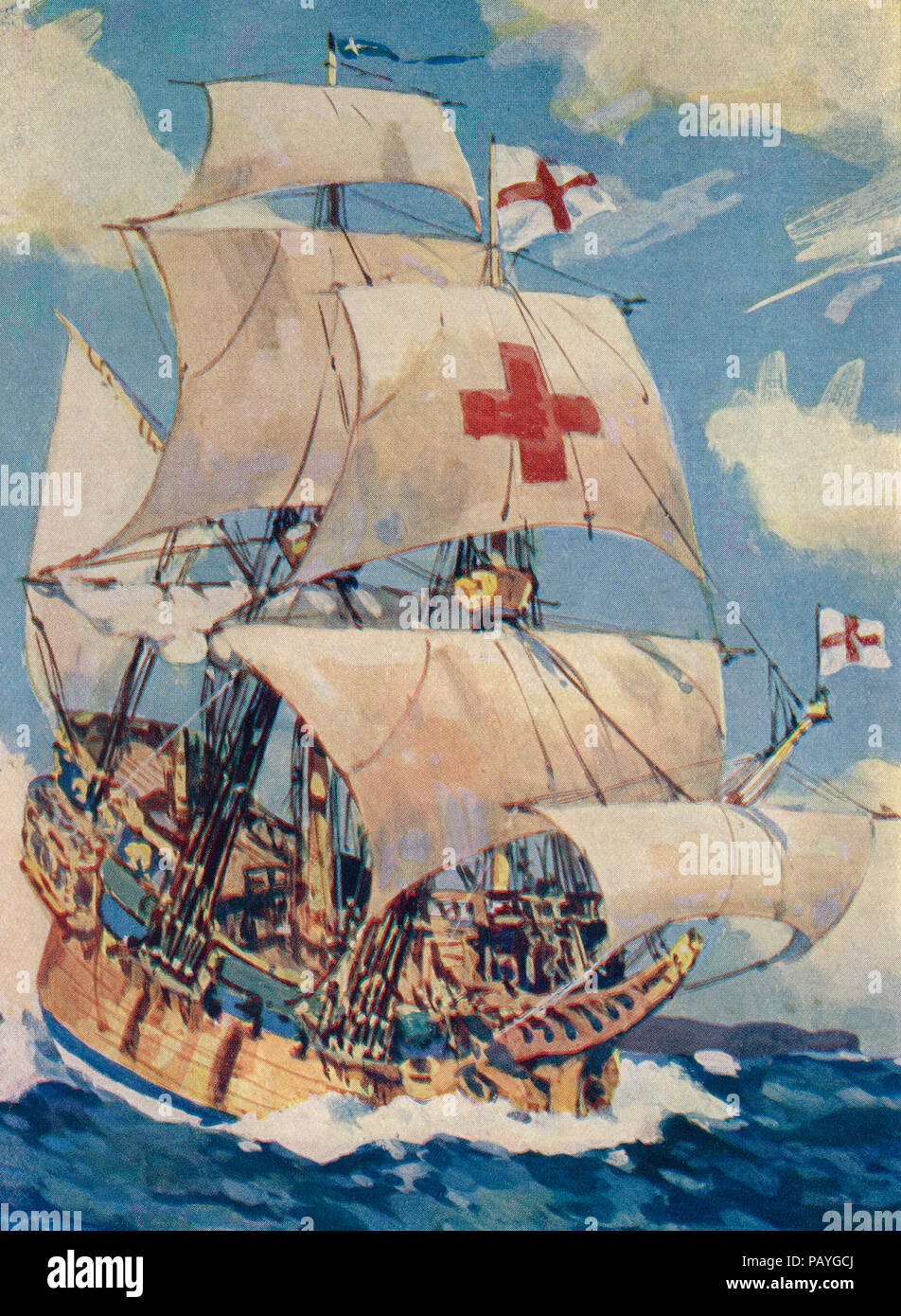 "Westward Ho!" eine Entdeckungsreise. Aus dem 15. Jahrhundert Englisch Segelschiff. Frontispiz aus dem Buch von Schiffen, veröffentlicht C 1920. Stockfoto