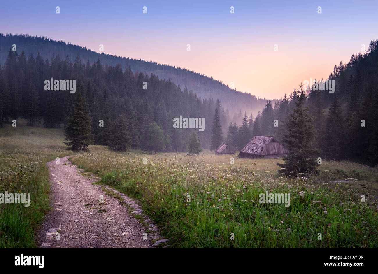 Idyllische Landschaft mit Bergen und Sonnenaufgang am frühen Morgen in Tatra, Polen. Stockfoto
