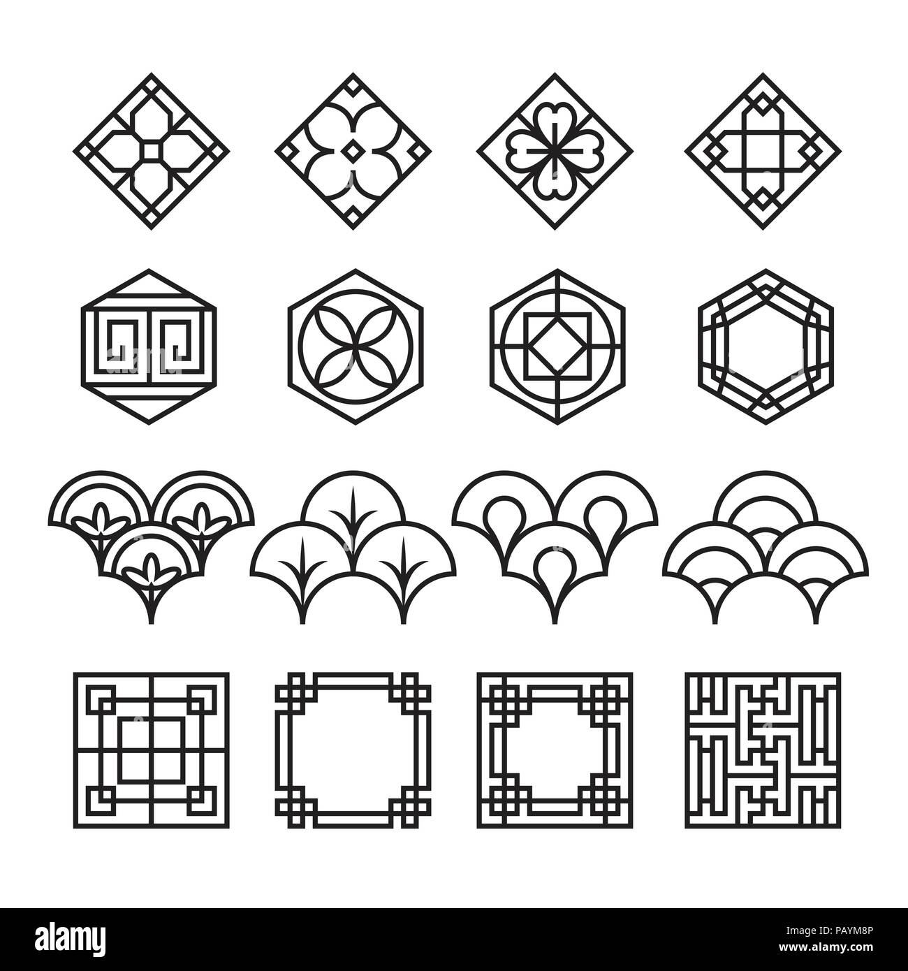 Asiatische Ornament Icon, koreanische, chinesische, japanische Vektor-set Stock Vektor