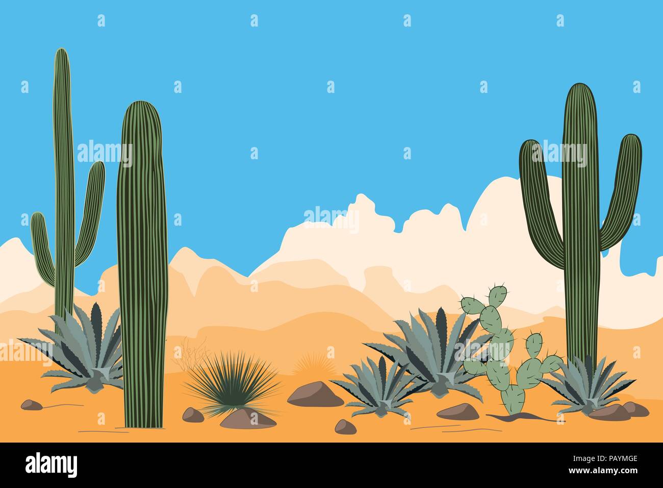 Landschaft der trockenen Wüste. Landschaft mit Saguaro Kakteen und Agaven. Blick auf die Berge, klare blaue Himmel im Hintergrund. Vector Illustration Stock Vektor