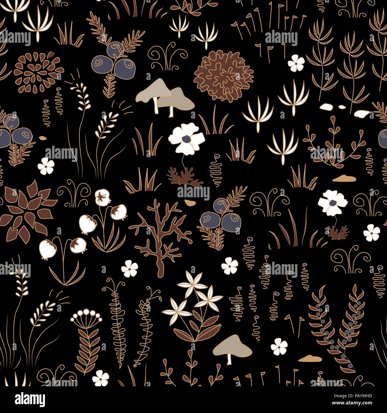 Nahtlose Nordic natürlichen Muster mit Pilzen, Rentier, Moos, Flechten, Nadeln. Floral background Textur Stock Vektor