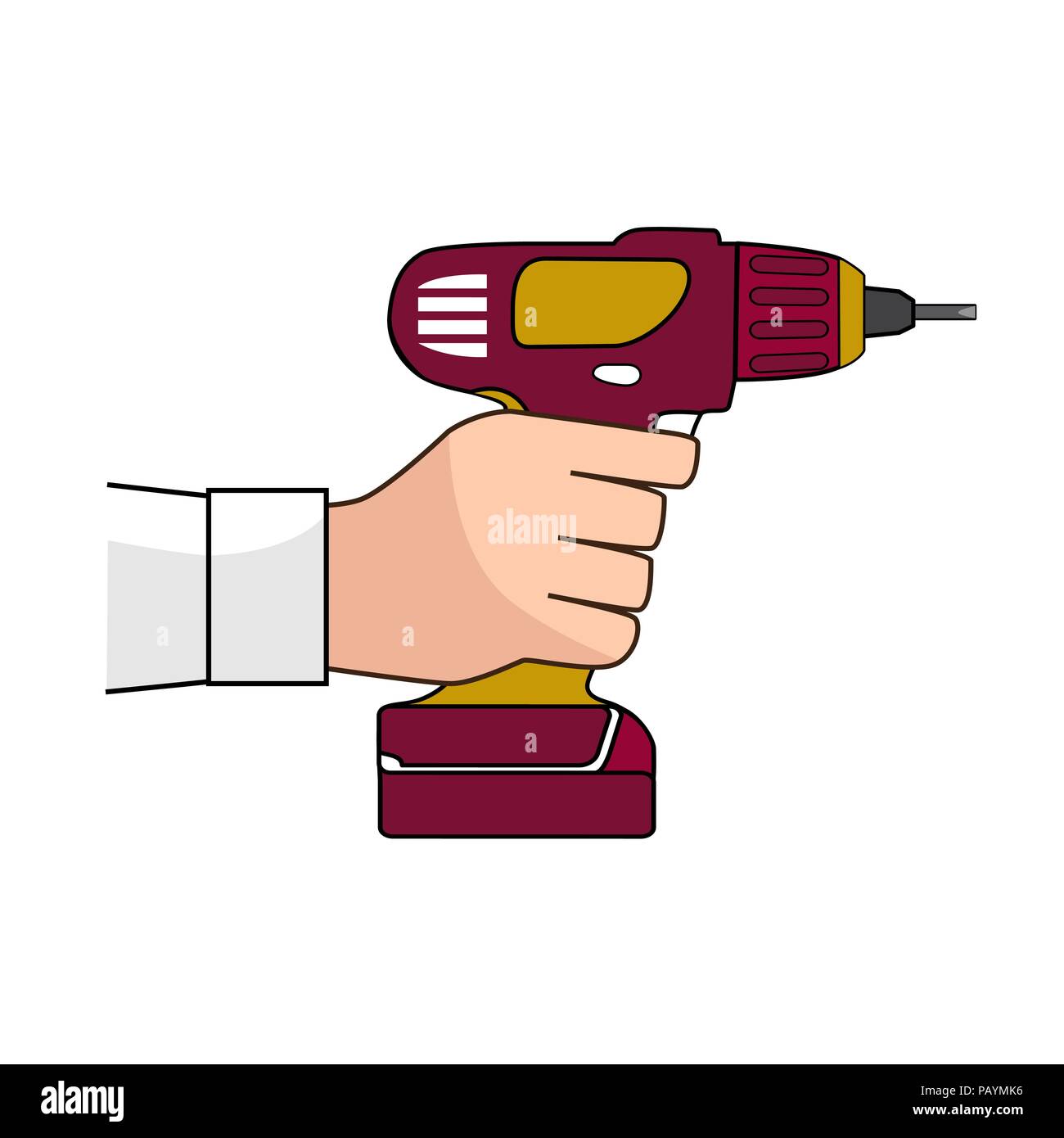 Schraube Gun Symbol. Die menschliche Hand mit schlagschrauber oder screwgun Vektor. Elektrische Schraubendreher in männlicher Hand. Leer und Weiß Stock Vektor