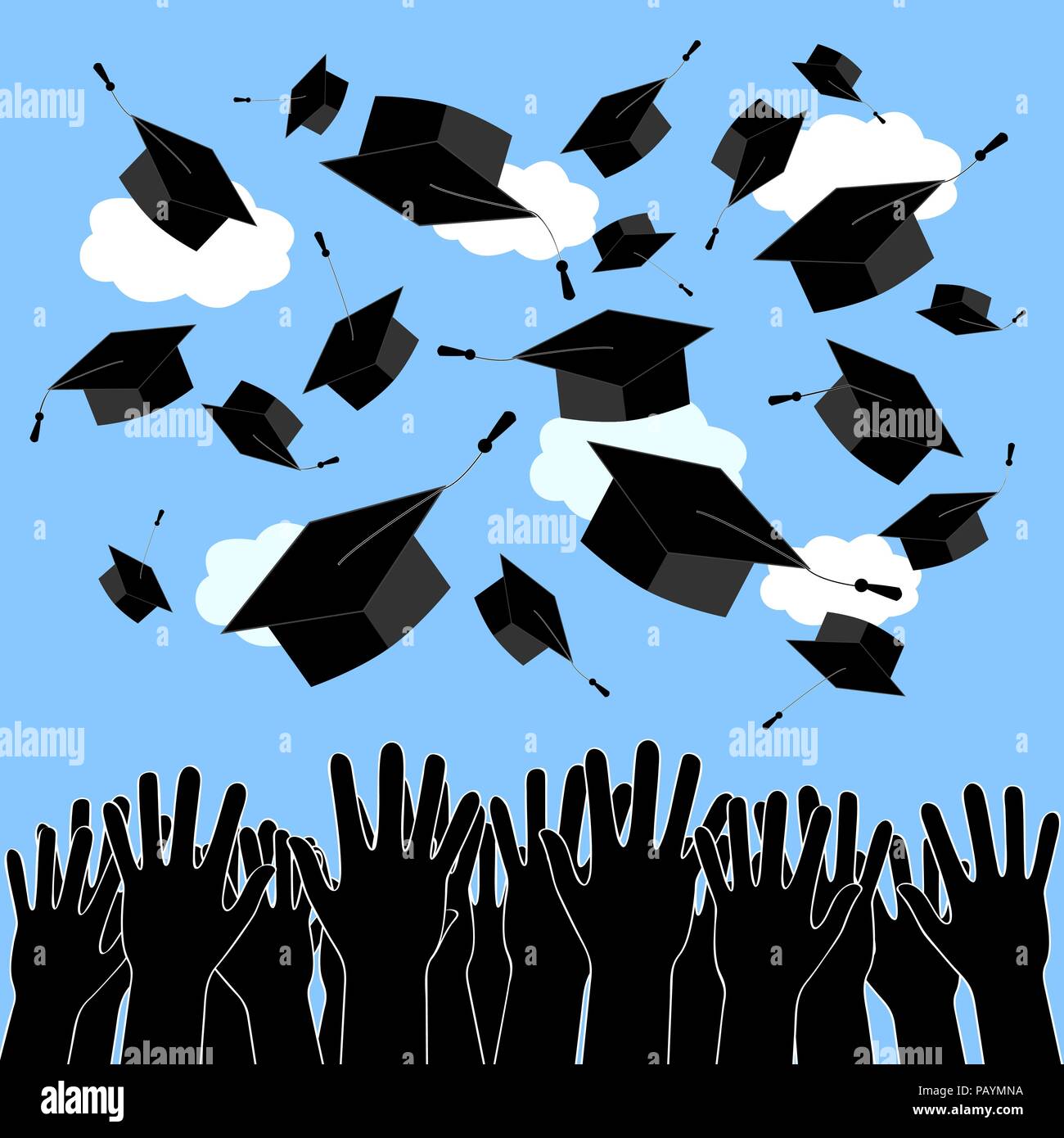 Absolvent Hände Silhouetten werfen bis Graduierung Hüte. Abschlussfeier Hintergrund. Graduation Caps in der Luft. Stock Vektor