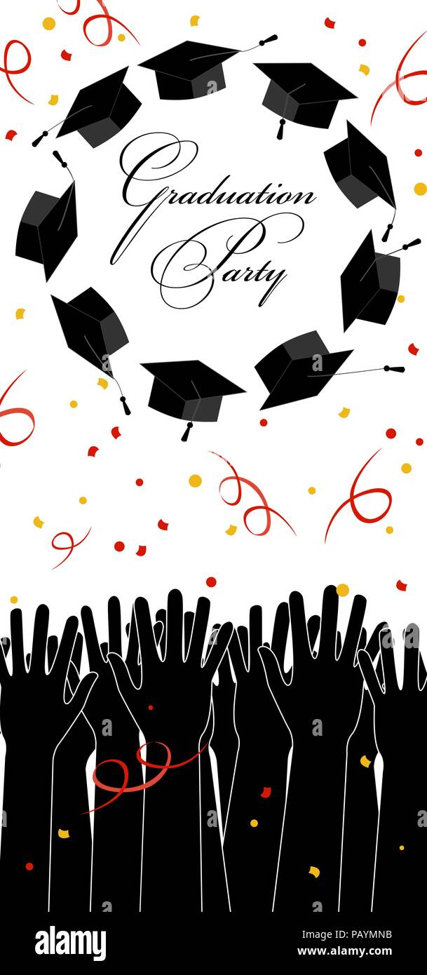 Graduate party Einladung. Hände oben Werfen Graduierung Hüte. Abschlussfeier Karte mit Platz für Text. Stock Vektor