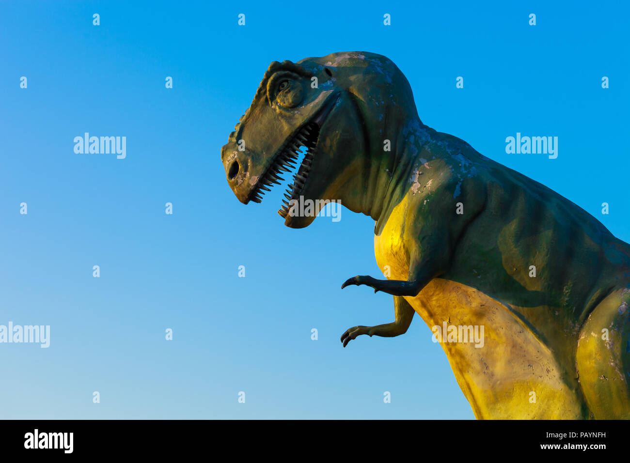 Abgenutzte Modell des T-Rex gegen den blauen Himmel Stockfoto