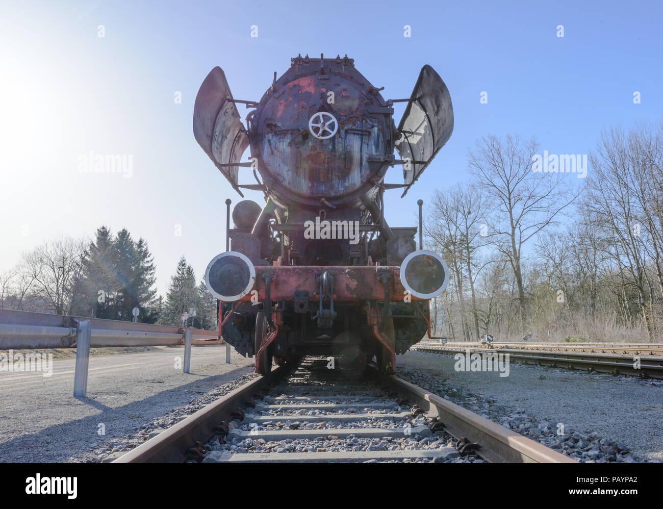 Sauschwänzlebahn Dampflok Frontalansicht, alt und rostig stehend auf dem Titel Stockfoto