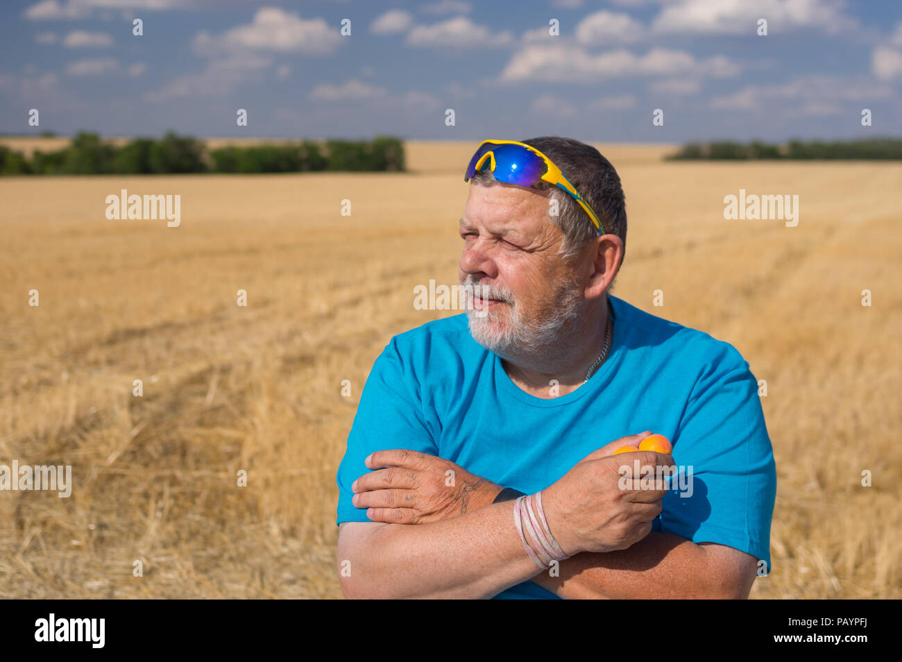 Outdoor Portrait eines bärtigen Älterer in der Sonnenbrille, die Aprikosen in der Hand gegen den blauen bewölkten Himmel und landwirtschaftlichen Bereich Stockfoto