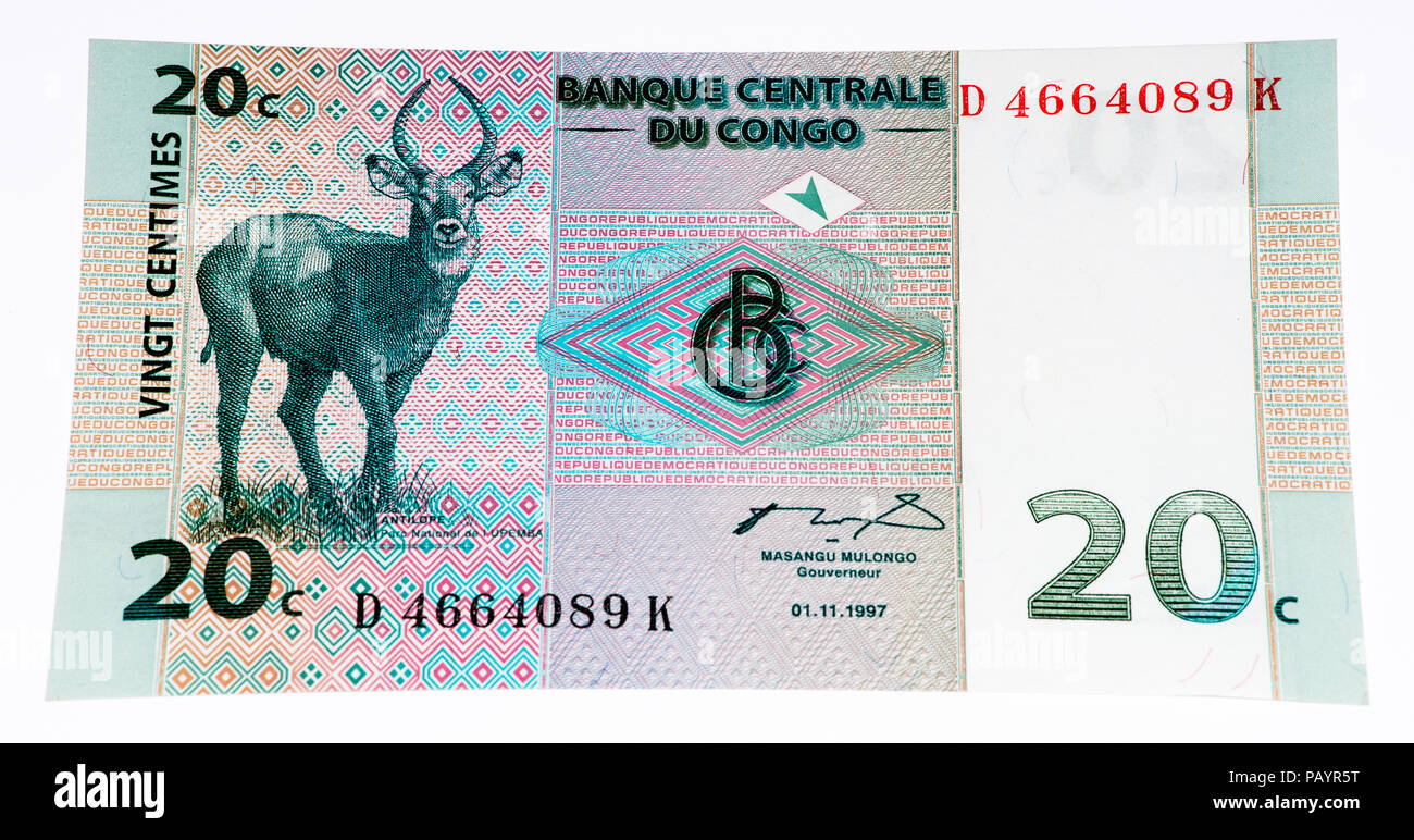 20 Rappen Bank Note des Kongo. Rappen ist eine der Währungen der Kongo Stockfoto