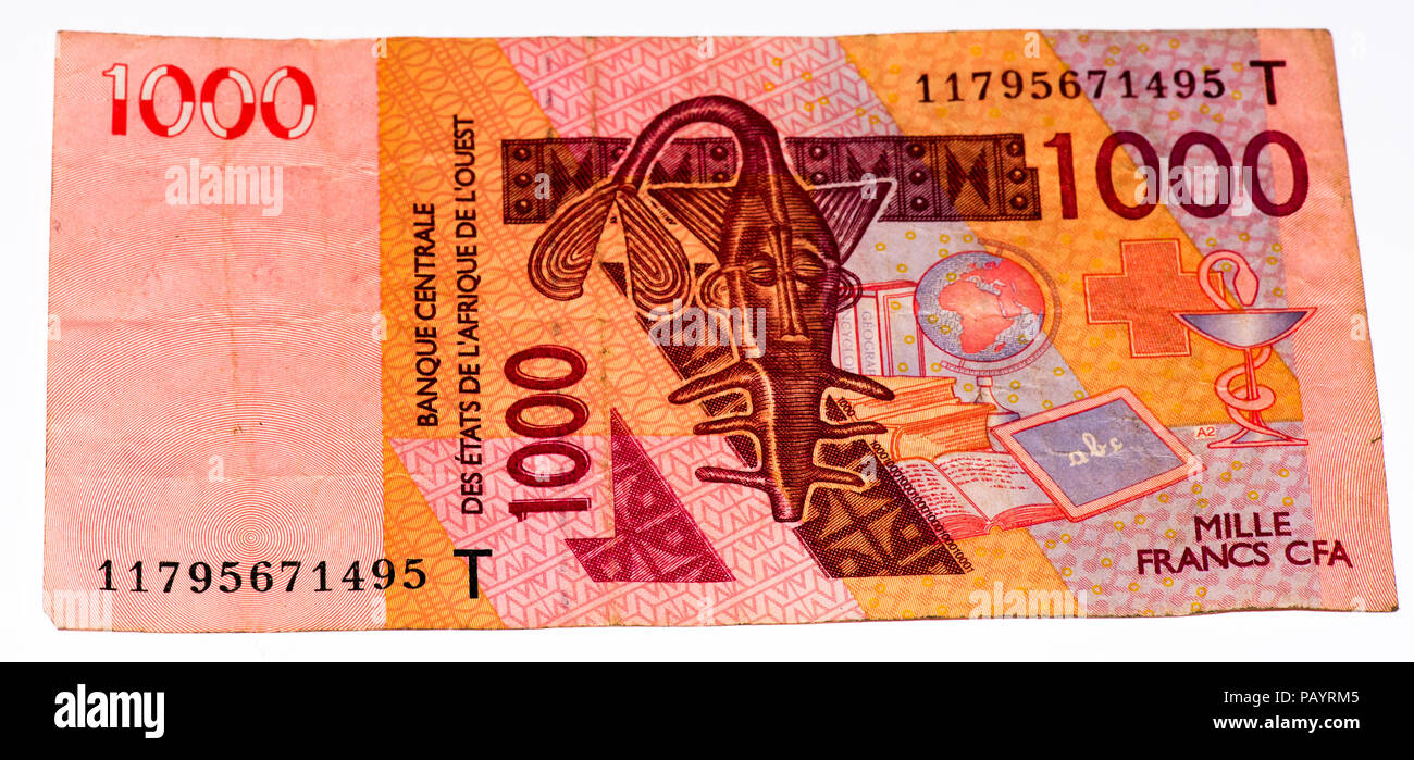 1000 CFA-Franc Bank Note. CFA-Franc ist in 14 afrikanischen Ländern verwendet. Stockfoto