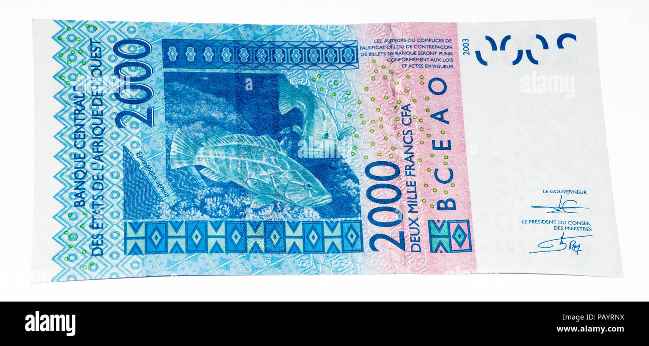 2000 CFA-Franc Bank Note. CFA-Franc ist in 14 afrikanischen Ländern verwendet. Stockfoto