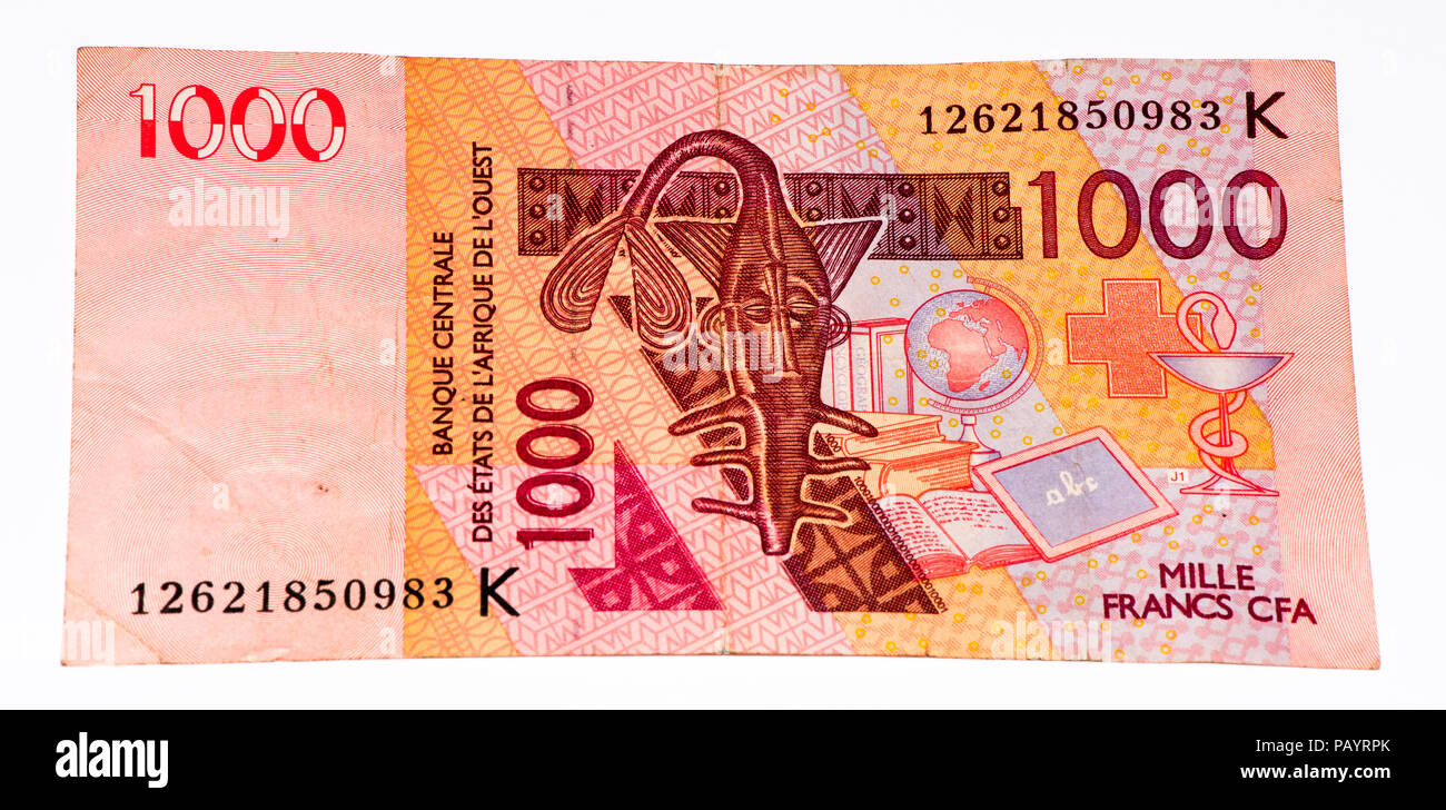 1000 CFA-Franc Bank Note. CFA-Franc ist in 14 afrikanischen Ländern verwendet. Stockfoto