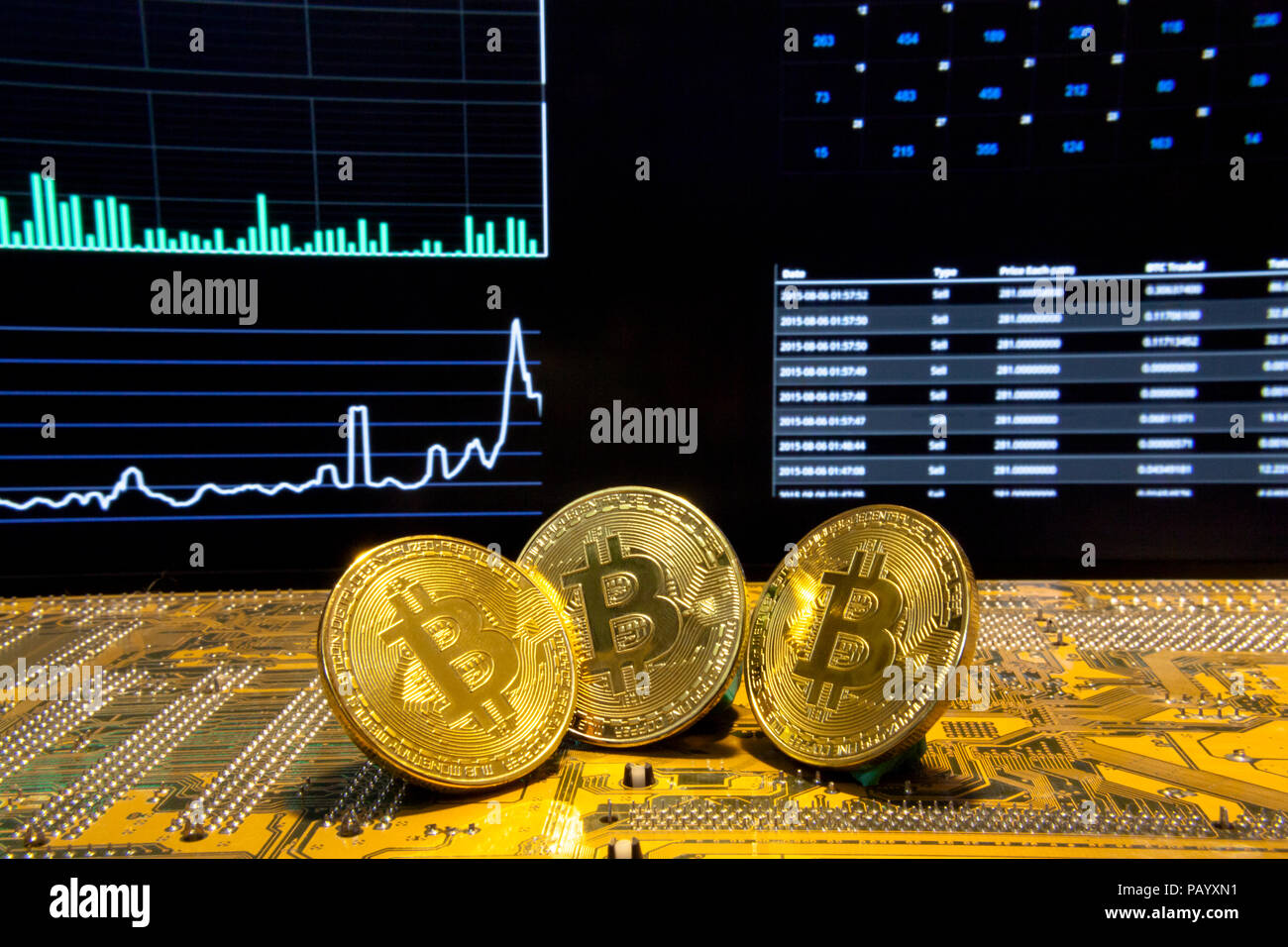 Drei goldene Bitcoins auf einer Leiterplatte. Hintergrund: Statistiken, Diagramme und Anzeigen, die über virtuelle digitale crypto-Währungen; geschossen. Stockfoto