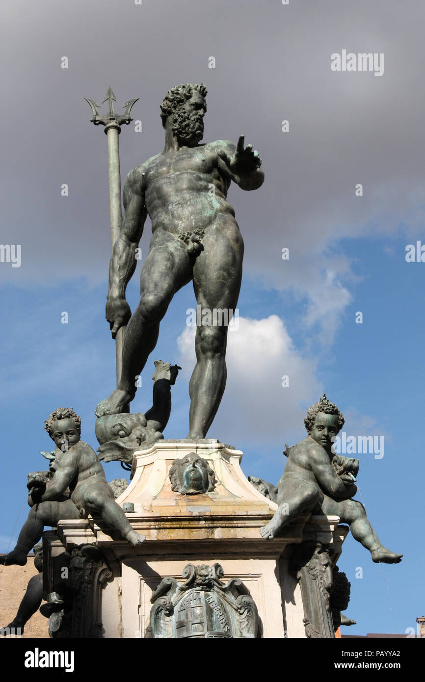 Neptunbrunnen (Fontana di Nettuno) von Bologna, Italien. Bronze Manieristischen Denkmal. Stockfoto