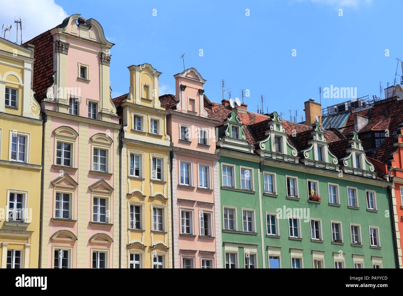 Wroclaw, Polen - Stadt Architektur am Marktplatz (Rynek). Altstadt Architektur. Stockfoto