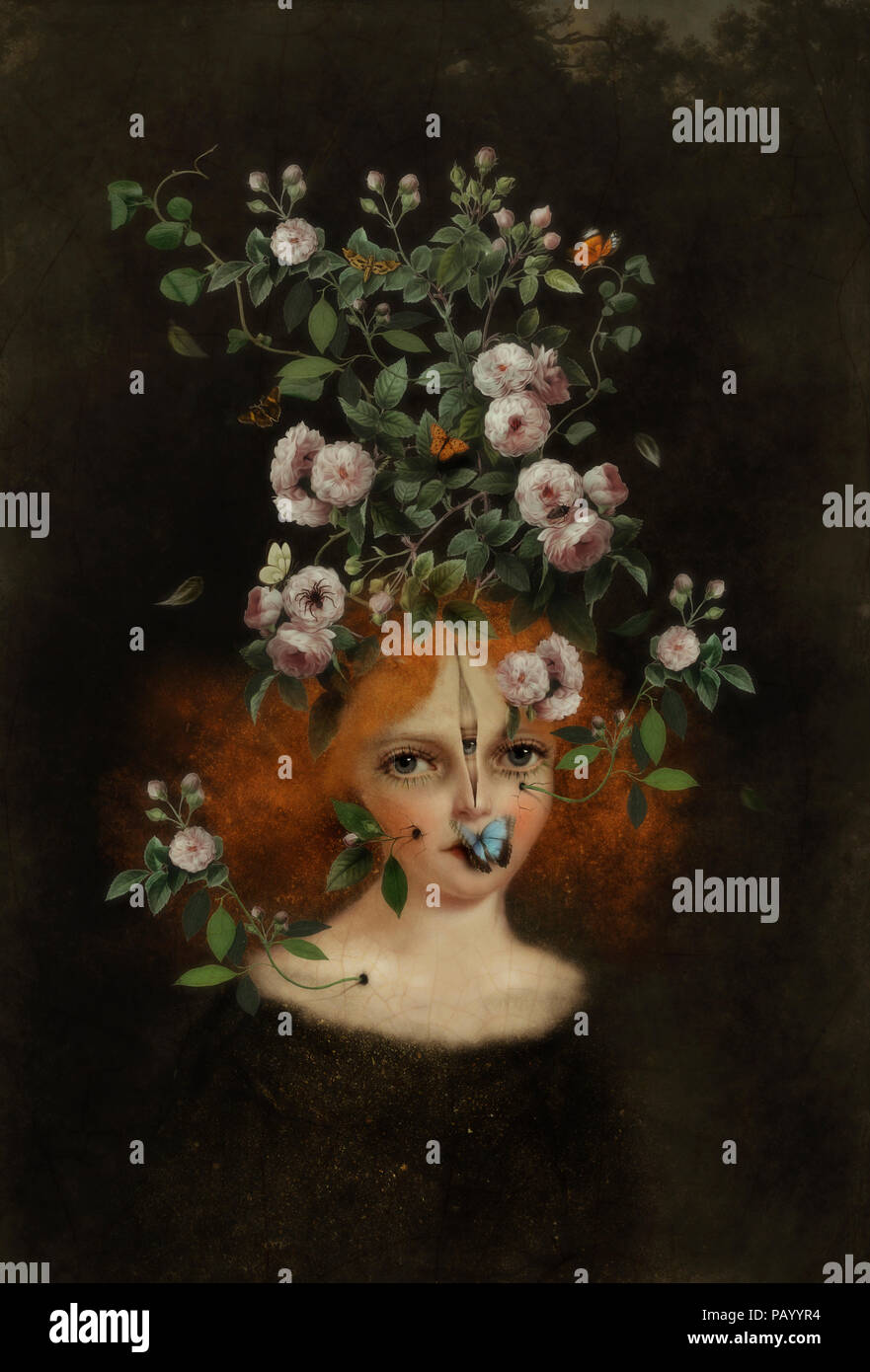 Surreale Portrait von jungen Mädchen mit Blumen auf dem Kopf Stockfoto