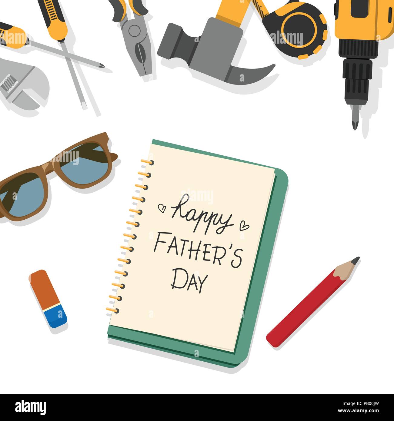 Der glückliche Vater Tag word Schreiben mit Bleistift auf Buch Seite mit oberer Rand der Startseite Tools auf weißem Hintergrund Stock Vektor