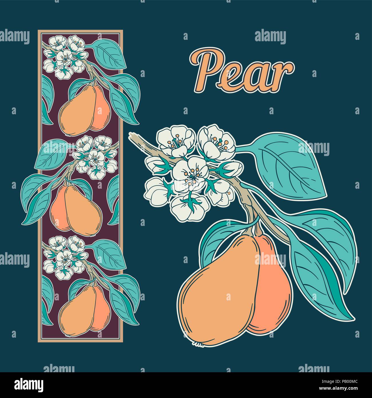 Vector Illustration eines Pear Tree Zweig und vertikale Ornament im Retro-look im Viktorianischen Stil, Blumen blühen und reifen Früchten, Jugendstil dekorativ Bo Stock Vektor
