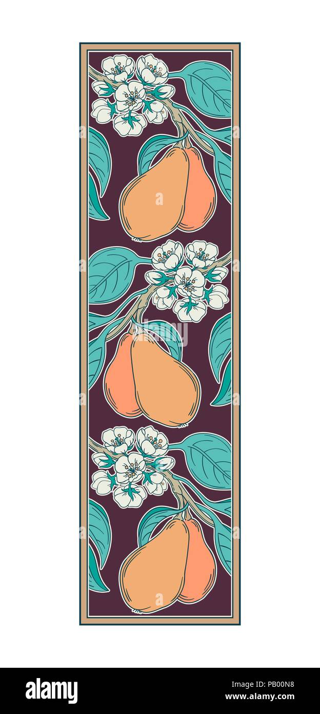 Vector Illustration einer dekorativen Zierpflanzen Vignette mit Pear Tree Zweig im Retro-look im viktorianischen Stil, mit Blumen blühen und reifen Früchten, Jugendstil Stock Vektor