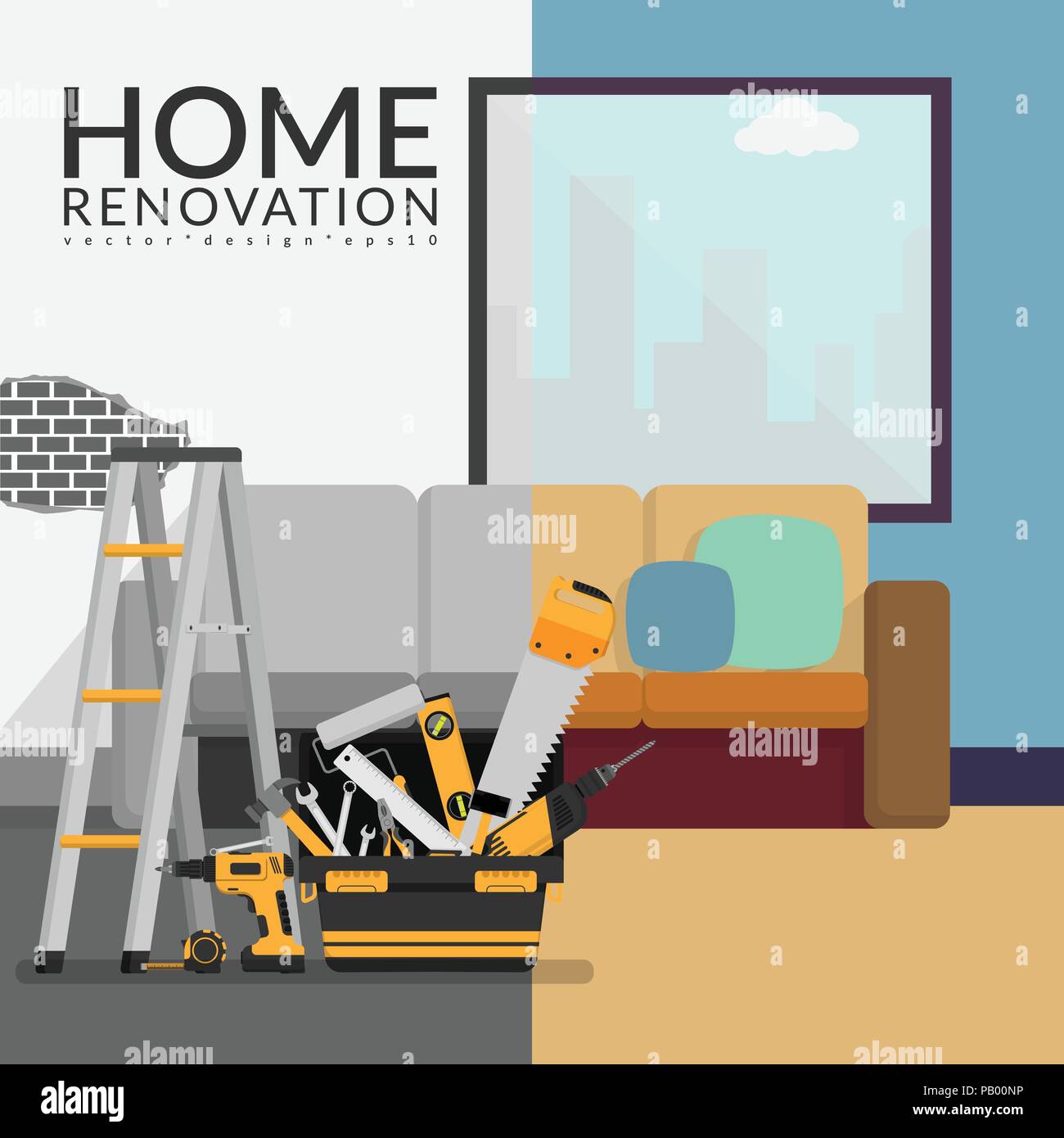Home Renovierung Auftragnehmer Konzept. Vector Illustration der Zimmer vor der Sanierung und nach der Sanierung Stock Vektor