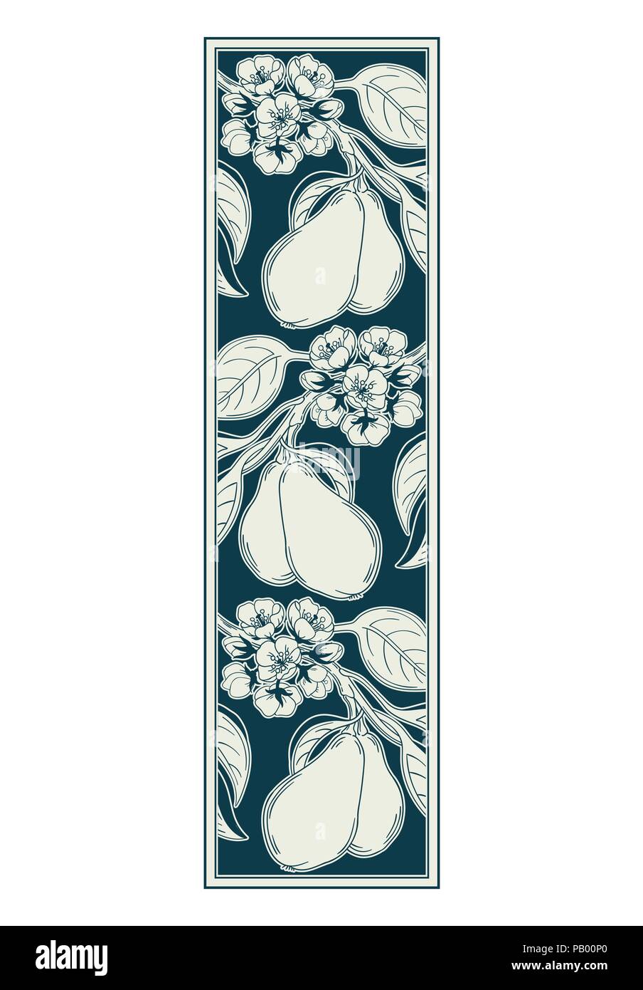 Vector Illustration einer dekorativen Zierpflanzen Vignette mit Pear Tree Zweig im Retro-look im viktorianischen Stil, mit Blumen blühen und reifen Früchten, Jugendstil Stock Vektor