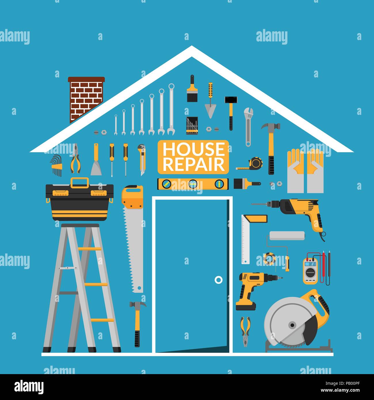 Satz von DIY home Reparatur Werkzeuge vektor Logo Design Template unter Dach im Hause Form. home Reparatur Banner, Bau, bei der Instandsetzung Symbole. Handwerkzeuge Stock Vektor