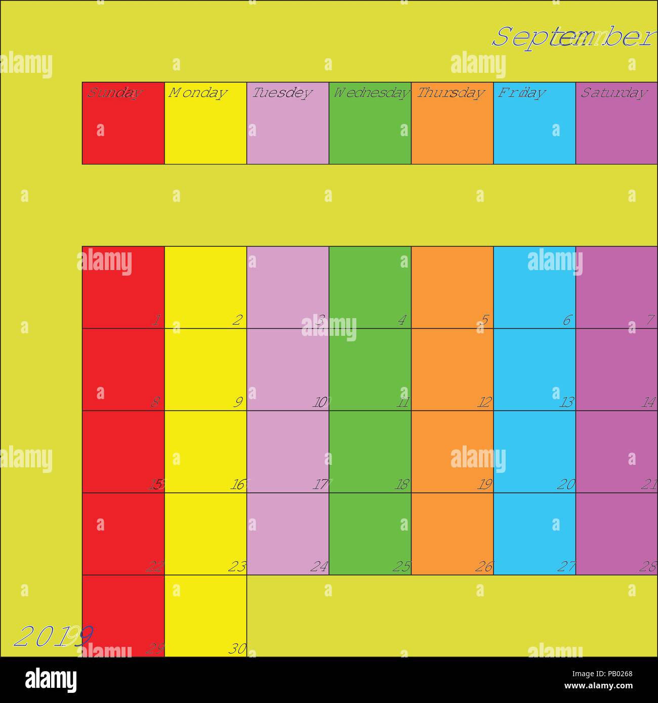 September 2019 Kalender Planer mit spezifischen Farbe für jeden Wochentag und Monat Farbe Stock Vektor