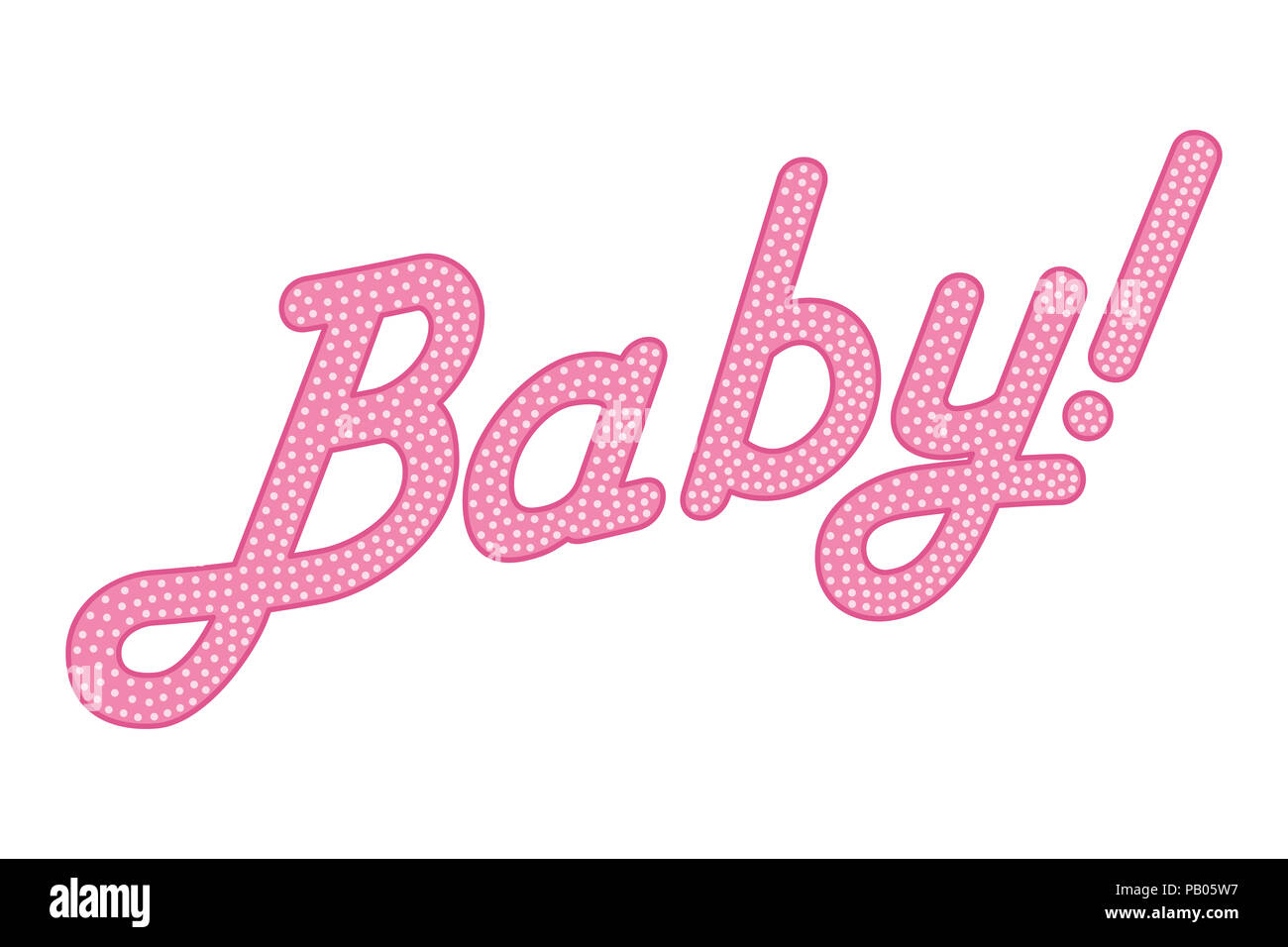Kursiver Schrift das Wort Baby mit Rufzeichen, rosa gefärbt mit hellen und kleinen Punkten. Zufällig punktiert, Kursiv schreiben. Isoliert. Abbildung. Stockfoto