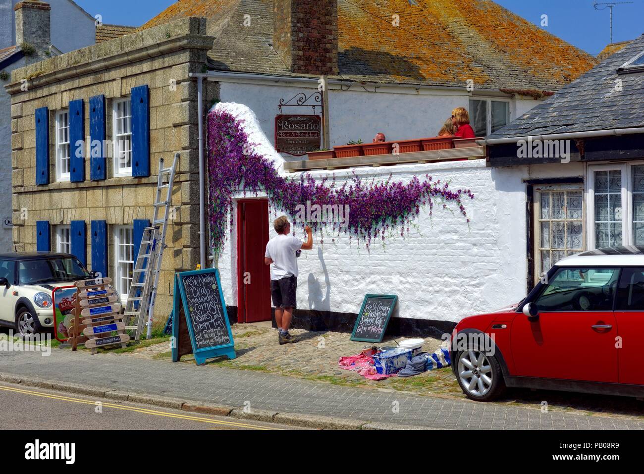 Ein Mann Malerei lila Blumen auf der weißen Wand einer Tea Garden. Marazion, Cornwall, England, Großbritannien Stockfoto