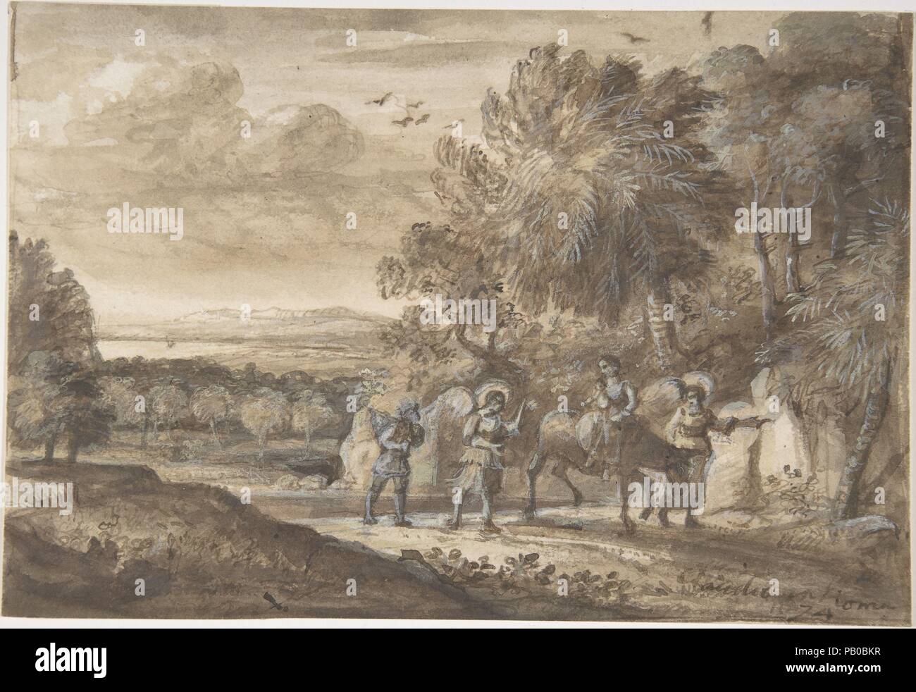 Die Flucht nach Ägypten. Artist: Nach Claude Lorrain (Claude Gellée) (Französisch, Chamagne 1604/5?-1682 Rom). Abmessungen: 5 3/4 x 8 5/16 in. (14,6 x 21,1 cm). Ehemalige Attribution: Ehemals zugeschrieben, Claude Lorrain (Claude Gellée) (Französisch, Chamagne 1604/5?-1682 Rom). Datum: 17. Museum: Metropolitan Museum of Art, New York, USA. Stockfoto