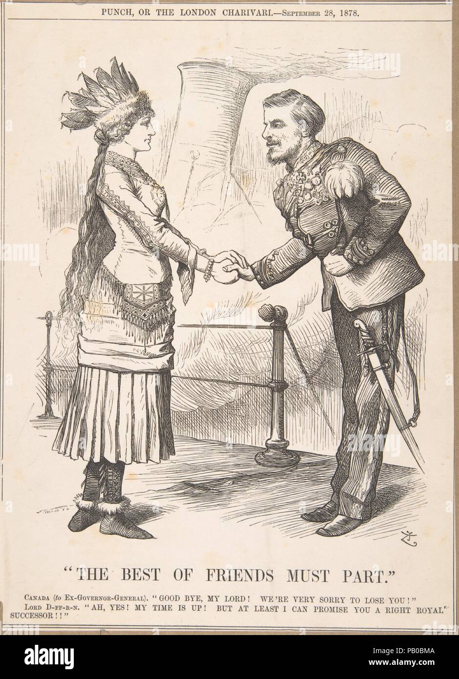 Die besten Freunde müssen Teil (Punch, 28. September 1878). Artist: Nach Sir John Tenniel (Briten, London 1820-1914 London). Maße: Blatt: 10 1/2 x 7 3/4 in. (26,7 x 19,7 cm). Betrifft: Sir Frederick Temple Hamilton-Temple-Blackwood, 1st Earl of Dufferin (British (Italien) geboren, Florenz 1826-1902 Belfast). Datum: 1878. Diese holzstich erschien in der Londoner Zeitschrift 'Lochen' und bedeutet den Kanada dritten Generalgouverneur, der 1. Earl of Dufferin, Abschied von einer Frau, die die Nation symbolisiert abwartend. Der Graf diente in der Position 1872-78 und beaufsichtigte zahlreiche Änderungen und Verbesserungen Stockfoto