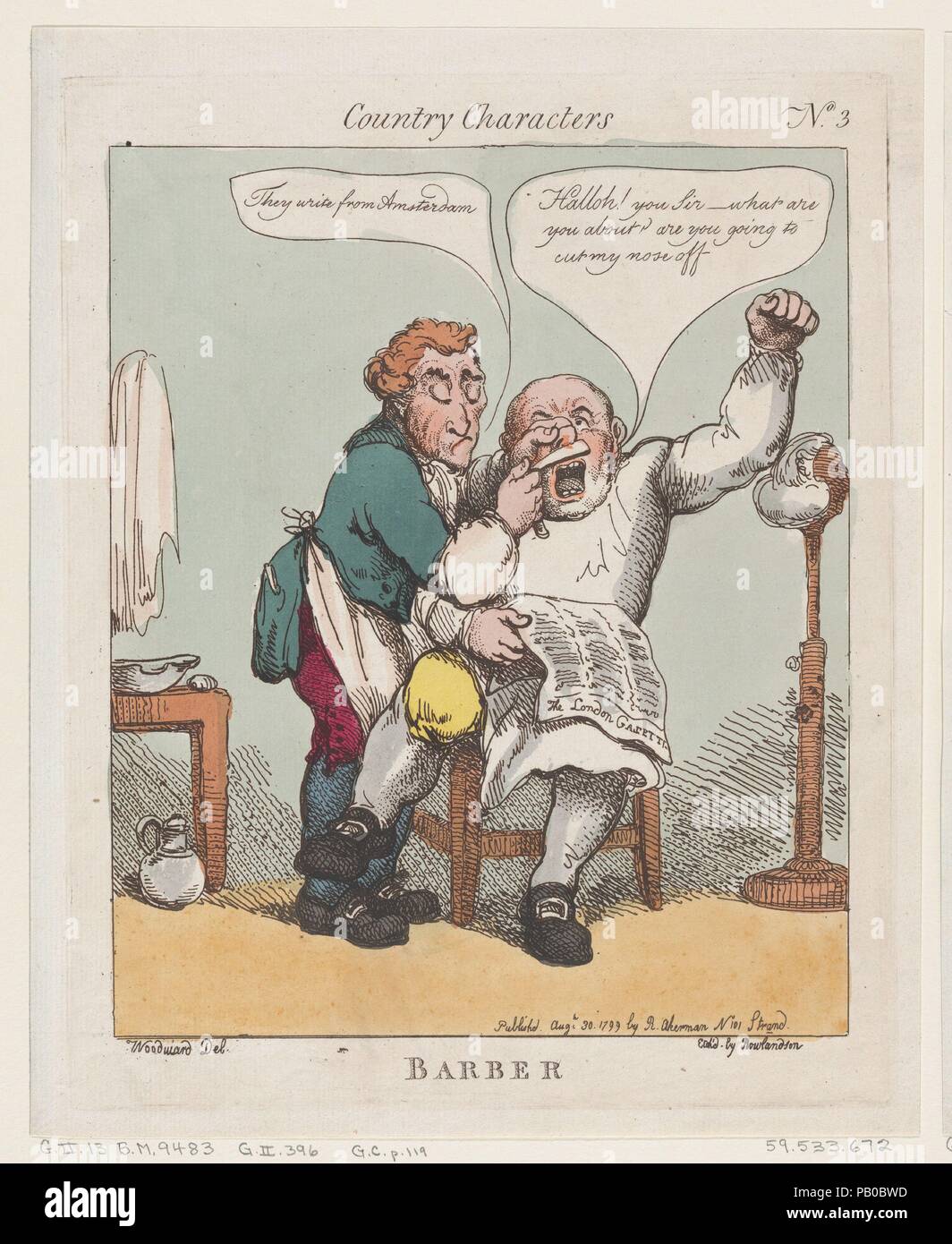 Friseur. Artist: Thomas Rowlandson (Briten, London 1757-1827, London); nach George Moutard Woodward (Britisch, Ca. 1760-1809 London). Maße: Blatt: 10 3/8 x 8 3/8 in. (26,4 × 21,2 cm) Platte: 9 5/8 x 7 11/16 in. (24,5 × 19,6 cm). Herausgeber: Rudolph Ackermann, London (1794-1829). Serie/Portfolio: Land Zeichen. Datum: August 30, 1799. Museum: Metropolitan Museum of Art, New York, USA. Stockfoto