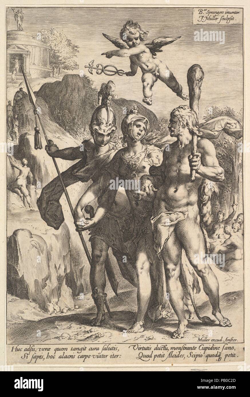 Hercules, die gezeigt die bergige Straßen zum Tempel der unsterblichen Ruhm in der Gesellschaft von Minerva und Mars. Artist: Jan Muller (Niederländischen, Amsterdam 1571-1628 Amsterdam); Nach Bartholomeus Spranger (Niederländischen, Antwerpen 1546-1611 Prag). Maße: Blatt: 9 1/2 x 6 5/16 in. (24,1 x 16 cm). Herausgeber: Harmen Jansz. Muller (Niederländischen, Amsterdam Ca. 1540-1617 Amsterdam). Datum: Ca. 1591. Museum: Metropolitan Museum of Art, New York, USA. Stockfoto