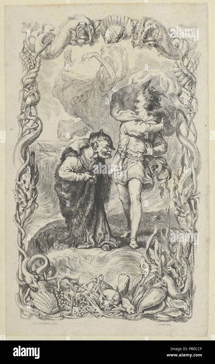 Illustration zu der Sturm: Caliban, Ferdinand und Ariel. Artist: Nach Henry Courtney Selous (Briten, Deptford 1811-1890 Beaworthy). Maße: Blatt: 5 13/16 x 3 9/16-in. (14,7 x 9 cm). Plasmaätzer: Charles Gray (Briten, Newcastle geboren, gestorben 1847). Betrifft: William Shakespeare (Britisch, Stratford-upon-Avon 1564-1616 Stratford-upon-Avon). Datum: 1836. Museum: Metropolitan Museum of Art, New York, USA. Stockfoto