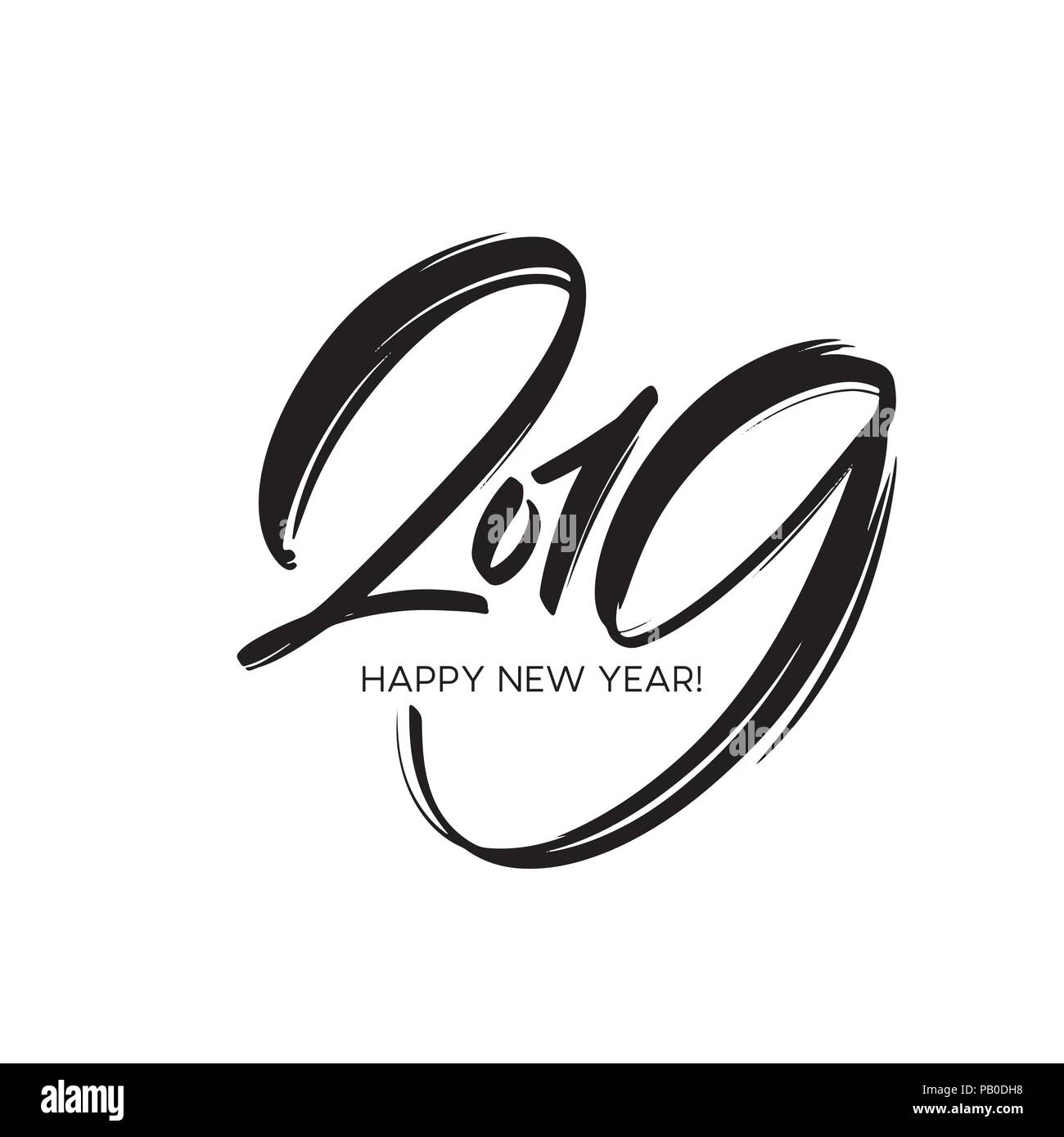 Grußkarte design Vorlage mit Kalligraphie 2019 Neues Jahr Hand gezeichnet Schriftzug. Vector Illustration Stock Vektor