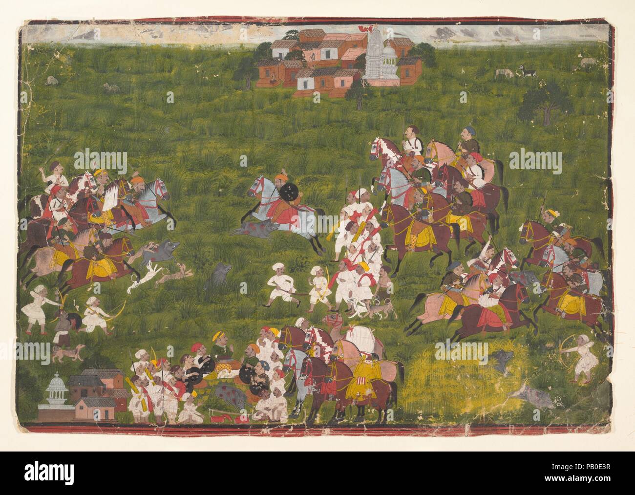 Maharana Sangram Singh Jagd Wildschwein. Kultur: Indien, Rajasthan, Udaipur. Abmessungen: 12 1/4 x 17 13/16-in. (31,1 x 45,2 cm). Datum: Ca. 1725. Reiten einen hellgrauen Hengst, der Maharana von Mewar, Sangram Singh, erscheint in vier Szenen, die einen episodischen fühlen auf die Ereignisse aufgezeichnet. Drei der Motive zeigen eine Royal wildschwein jagd; im vierten, der Herrscher liegt mit seinen Höflingen, bewundern die töten, wie ihre Pferde und ein pack Camel warten geduldig in der Nähe. Jagdhunde verfolgen und die Beute, die Lanzen und Pfeile verwundet wurden. Ein Tempel und das Dorf auf der Uppe Stockfoto