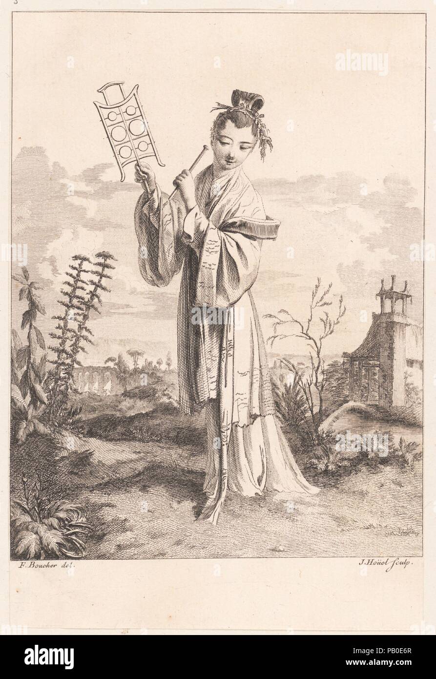 Chinoiserie mit einer Frau spielt ein Musikinstrument, aus Suite de Zahlen Chinoises. . . Tiré du Cabinet de Herr d'Azaincourt (Serie der Chinoiserie Zahlen. . Von den Kammern des Herrn d'Azaincourt). Artist: Nachdem François Boucher (Französisch, Paris 1703-1770 Paris); Jean Pierre Louis Laurent Hoüel (Französisch, Rouen, Paris 1735-1813). Maße: Blatt: 8 3/8 x 5 11/16 in. (21,2 x 14,4 cm). Herausgeber: Gilles Demarteau (Französisch, Lüttich 1722-1776 Paris). Serie/Portfolio: Suite de Zahlen Chinoises. . . Tiré du Cabinet de Herr d'Azaincourt. Datum: Mitte des 18. Jahrhunderts. Museum: Metropolitan Museum of Art, New Y Stockfoto